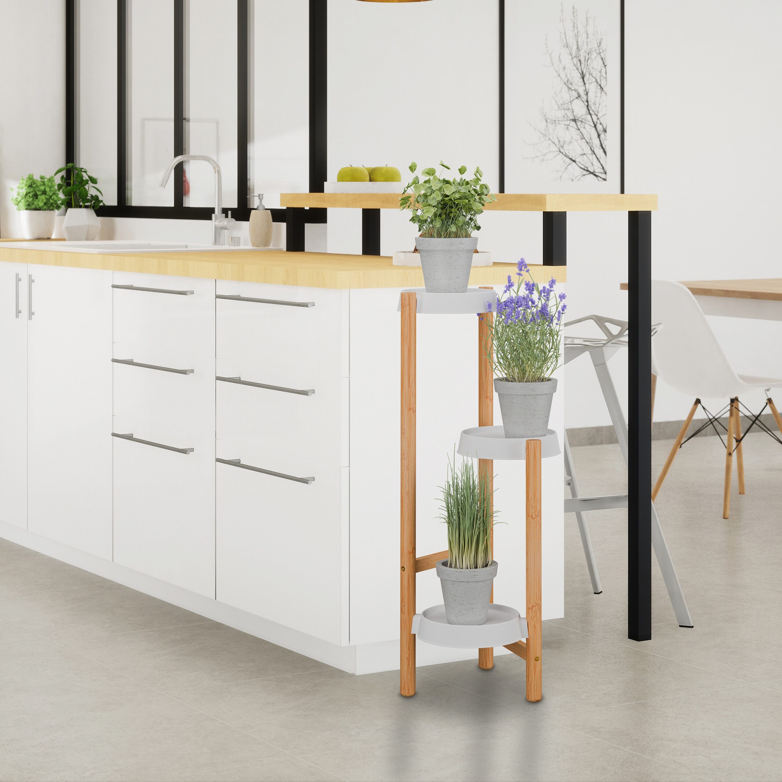 relaxdays Blumenständer Pflanzenständer Bambus & Kunststoff (1 St), weiß günstig online kaufen