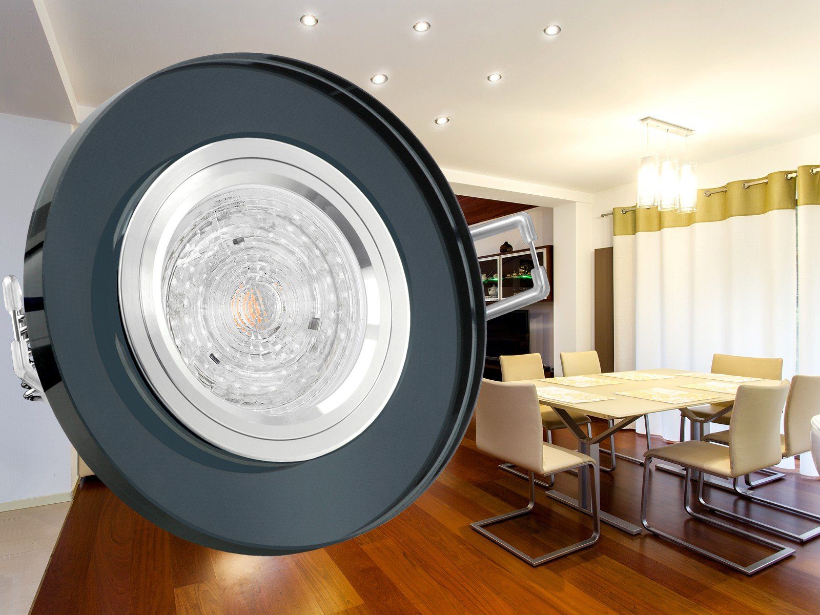 SSC-LUXon LED Einbaustrahler LED-Einbauleuchte rund, Warmweiß 355lm spiegelnd, schwarz 4,9W, Glas LED