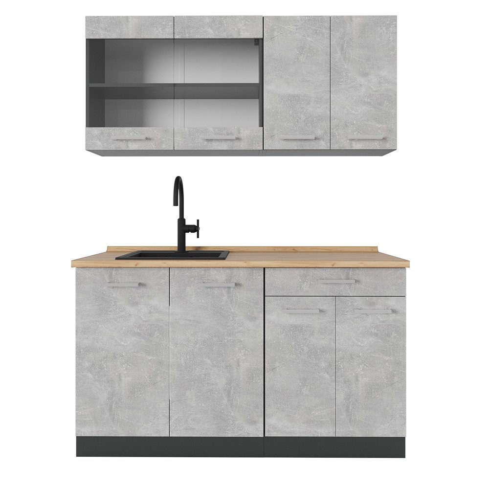 Vicco Küchenzeile R-Line, Beton/Anthrazit, 140 cm, AP Eiche