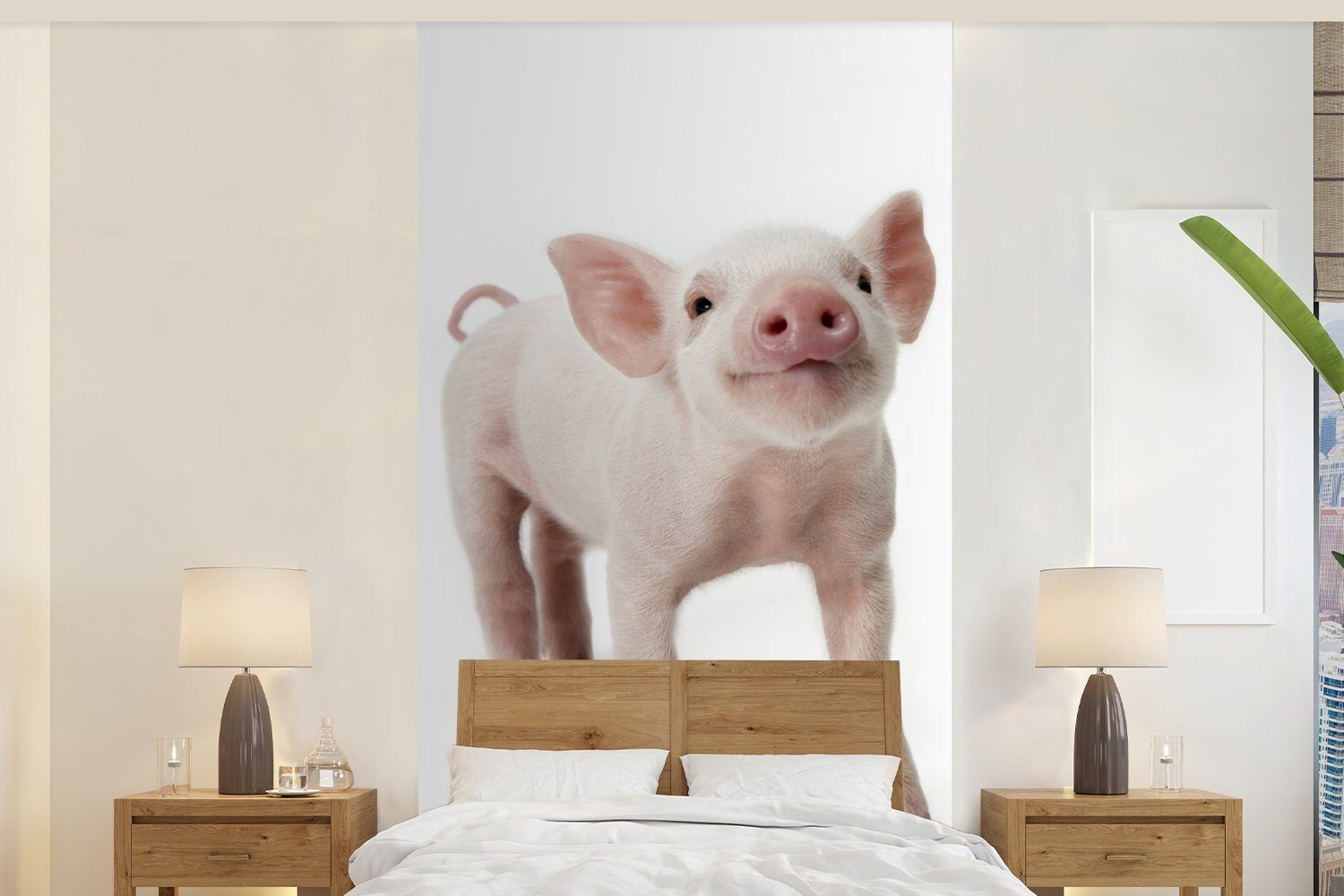 MuchoWow Fototapete Schwein - Tiere - Weiß, Matt, bedruckt, (2 St), Vliestapete für Wohnzimmer Schlafzimmer Küche, Fototapete