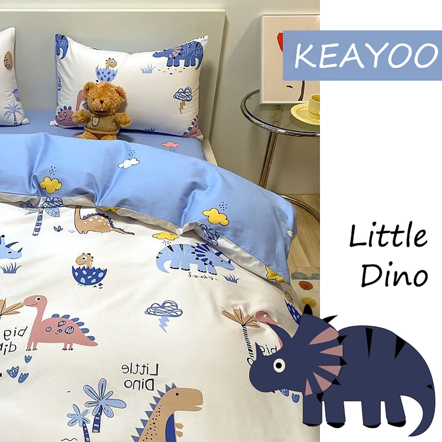 KEAYOO Kinderbettwäsche QWKL, Baumwolle, 2 teilig, 100% Baumwolle Kinderbettwäsche mit Dino