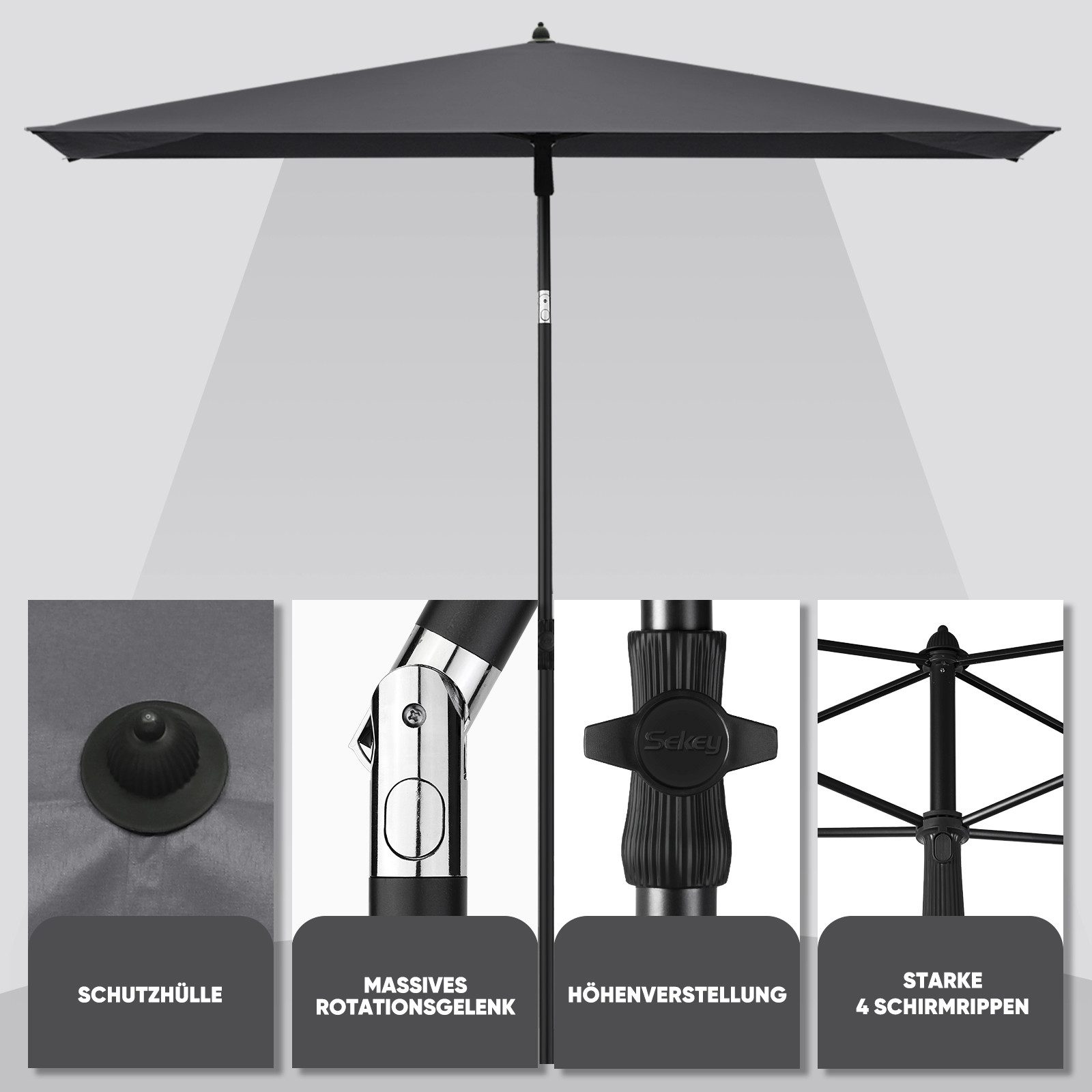 Sekey Sonnenschirm Rechteckig Höhenverstellbar Balkonschirm Knickbar, mit Schutzhülle, LxB: 210,00x140 cm, Sonnenschutz UPF50+, Kippbar, Höhenverstellbar Sonnen – Bild 5 von 5