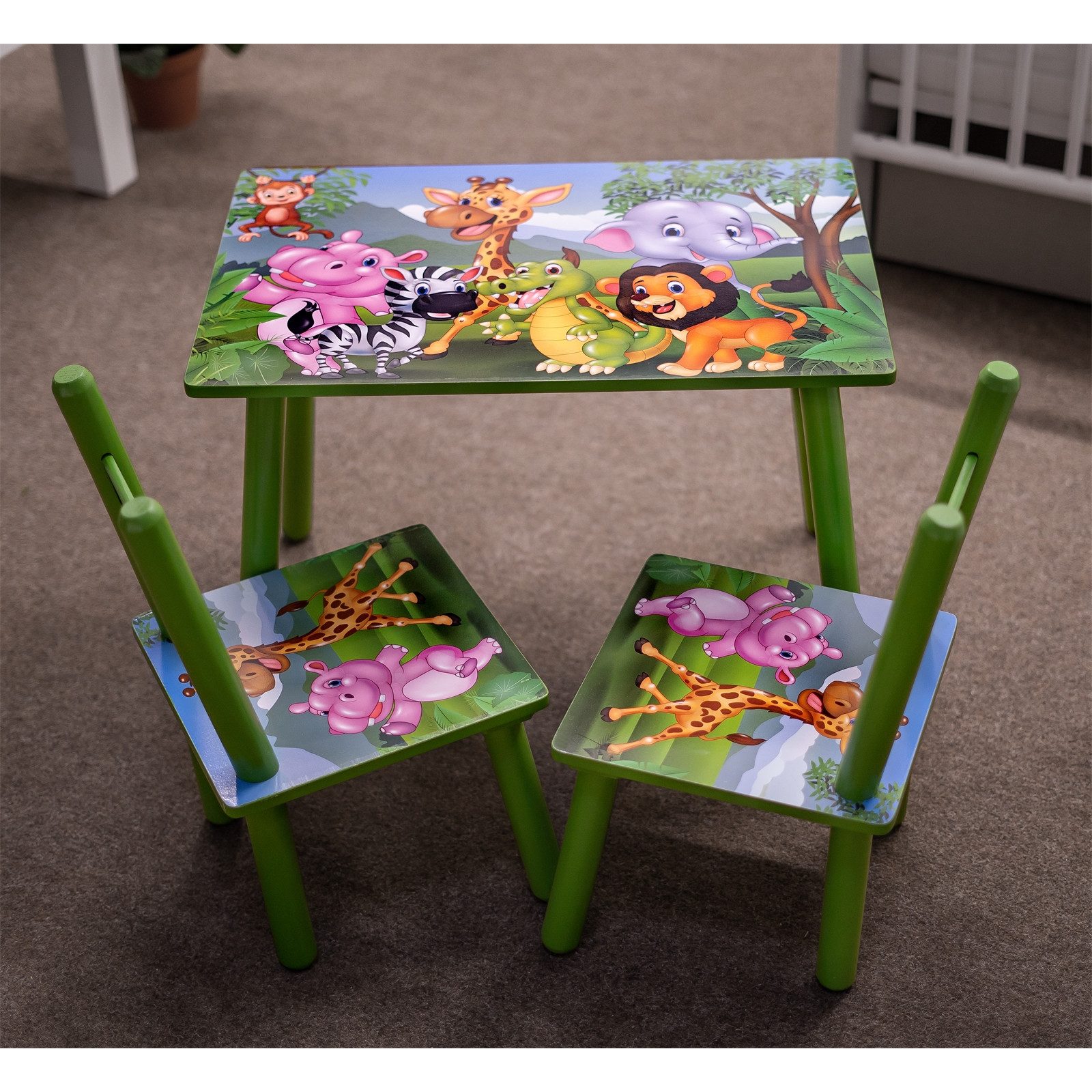 HTI-Line Kindersitzgruppe Kindertischgruppe Dschungel, (Set, 3-tlg., 1 Tisch, 2 Stühle), Kindertisch Kinderstuhl Kindermöbel