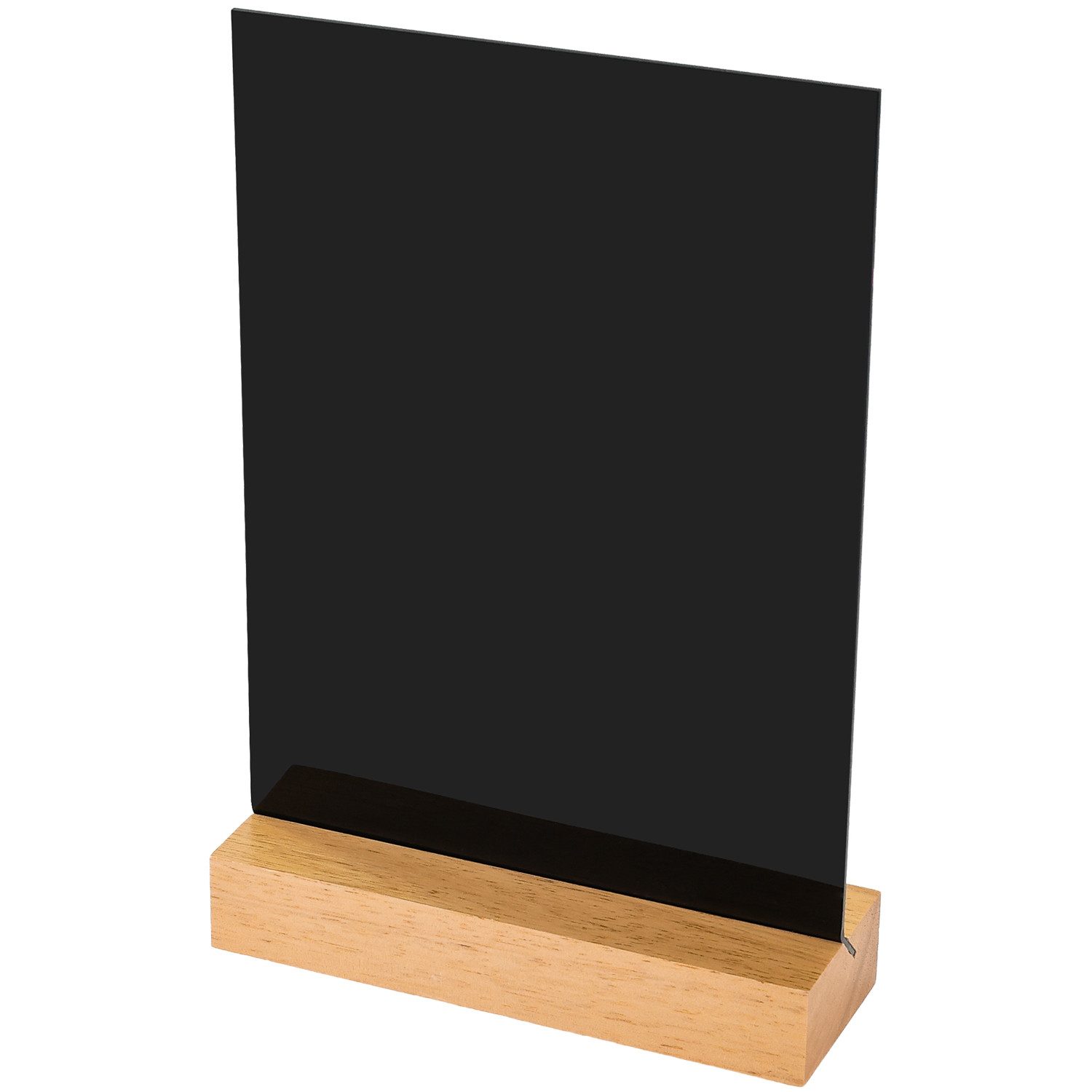 HMF Standtafel Acryl Tischaufsteller im DIN A5 Hochformat mit massivem Holzfuß, (1-tlg), aus Eiche, abwischbare Kreidetafel zum Beschriften, Schwarz