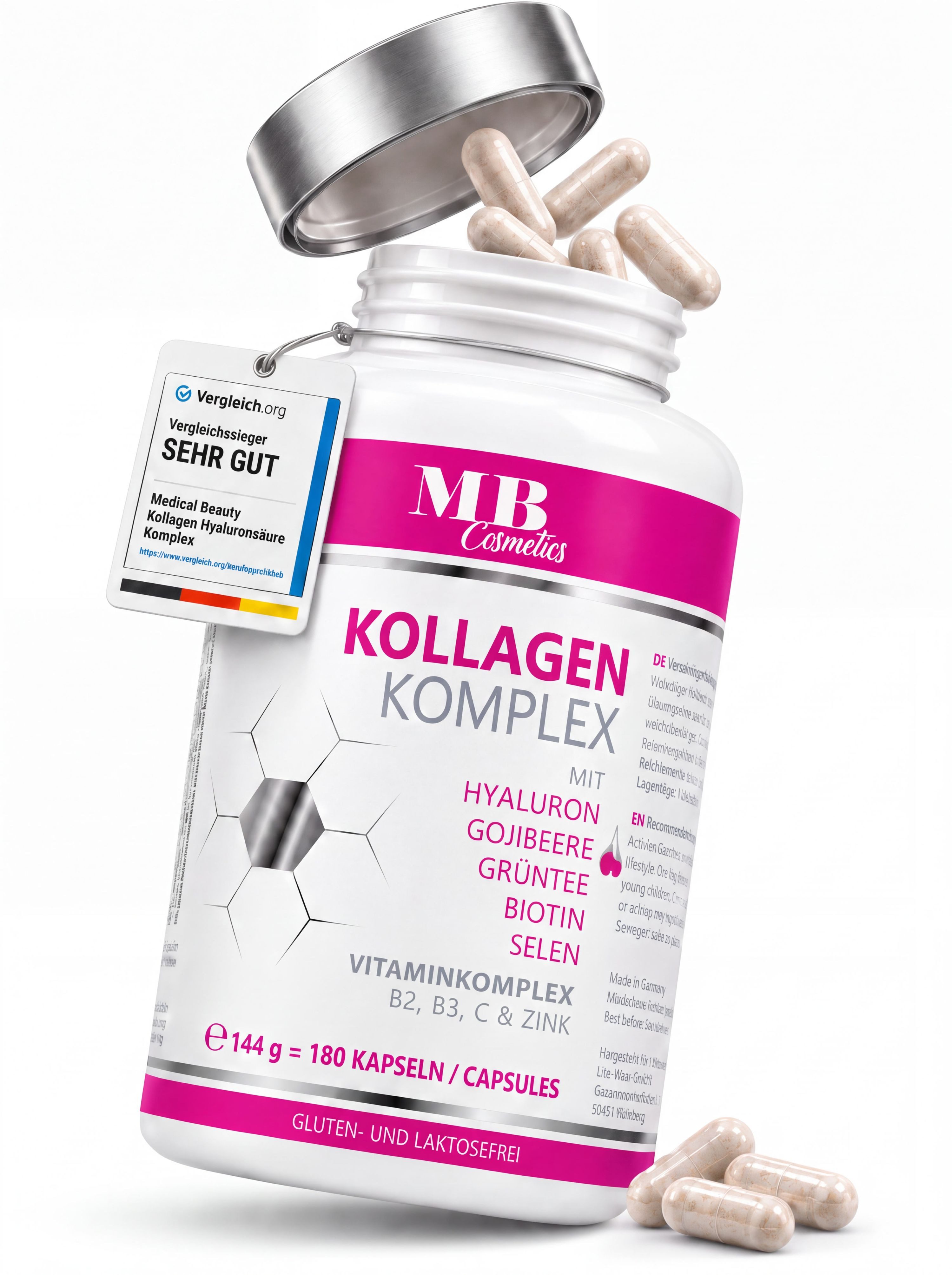 Medical Beauty Cosmetics Kollagen Hyaluron Komplex - 1000 mg mit Gojibeere, Biotin, Zink, 180 Kapseln, 1 er Packung à 144 g, Premium Kollagen Hydrolysat vom Weiderind, mit Grüntee & Selen