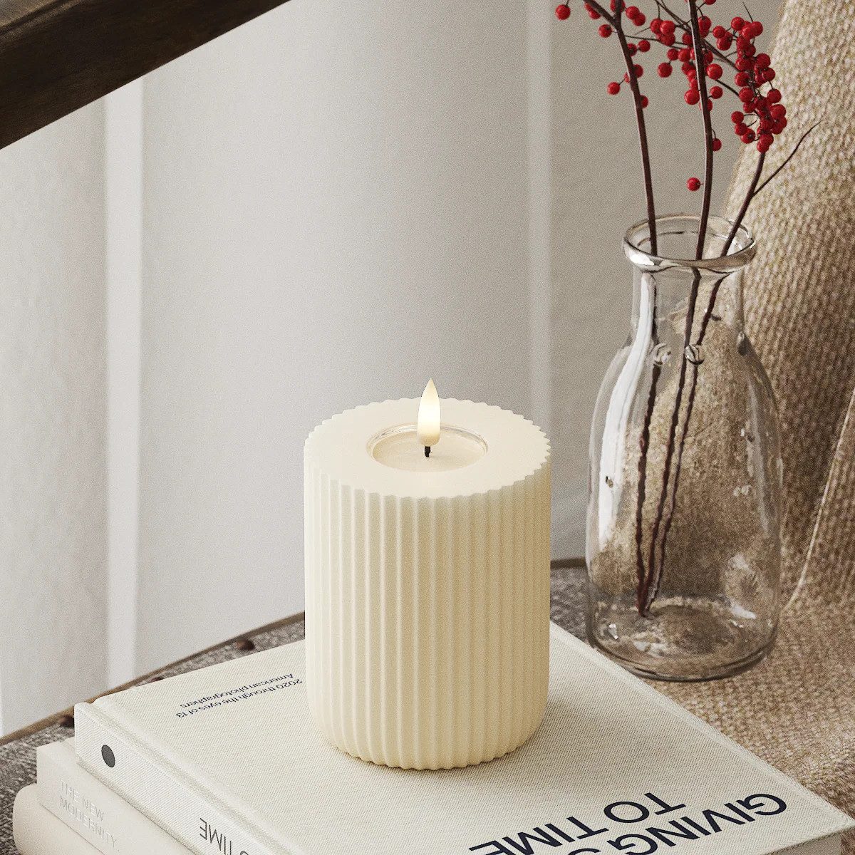 Deluxe Homeart LED-Kerze Echtwachs gerillt Durchmesser 8 cm