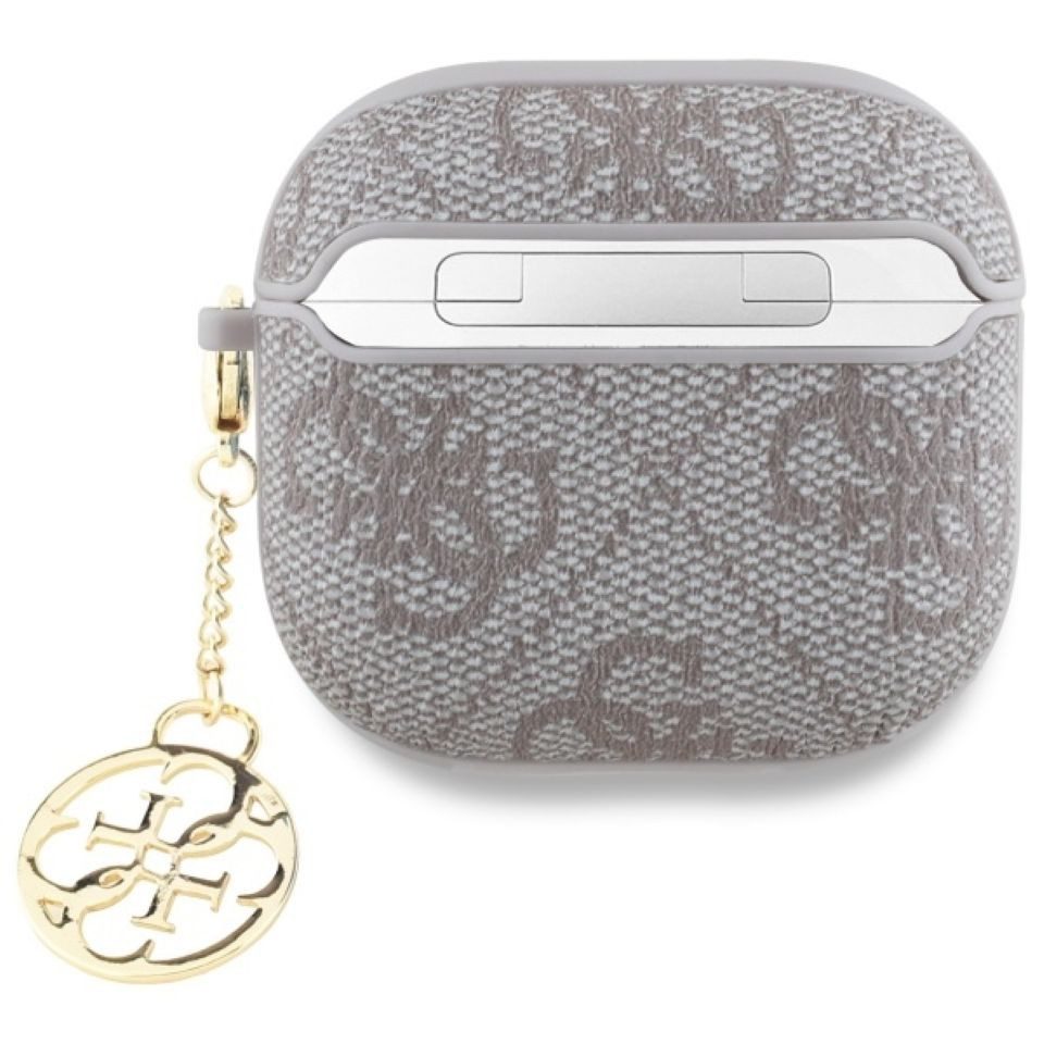 Guess Kopfhörer-Schutzhülle Hülle Case AirPods 4 Kunstleder rosa Logo Metal Kette goldfarbig, Kantenschutz