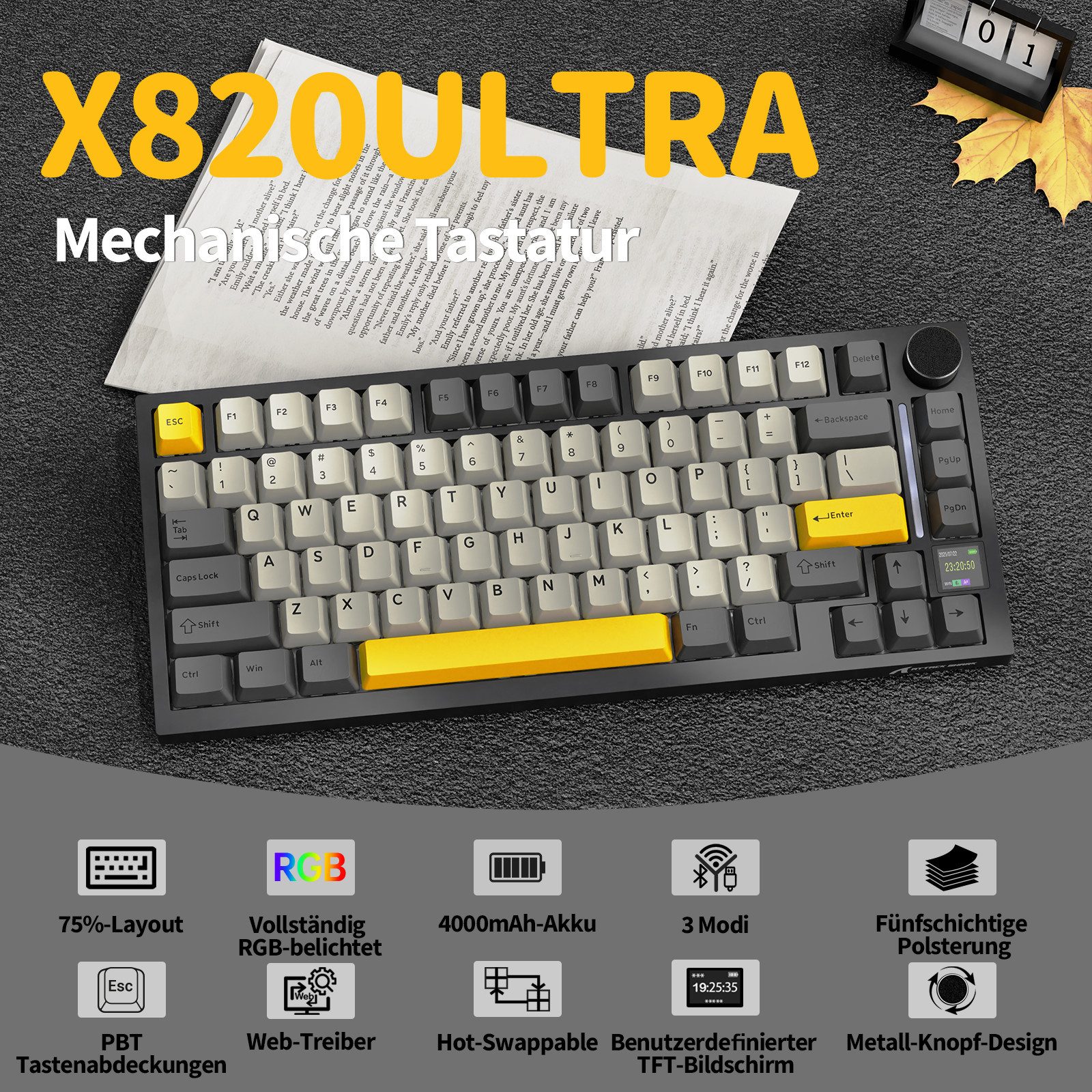 ATTACK SHARK X820 Ultra Mechanische Tastatur mit,75% ANSI-Layout, 2,4 GHz/BT/Wired Gaming-Tastatur (Gasket,TFT-Bildschirm und Knopf,5 Sound-Absorbing Foams,Hot-Swap)