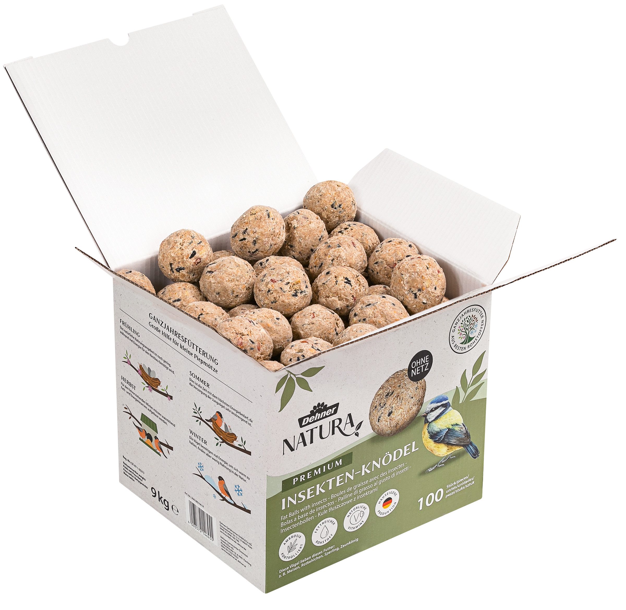 Dehner Natura Insektenknödel, Wildvogelfutter, 100 Stück je 90 Gramm (9 kg) Insekten, Hauptfutter für: Wildvogel, Gartenvögel, Meisenknödel ohne Netz, im Karton, zur ganzjährigen Fütterung