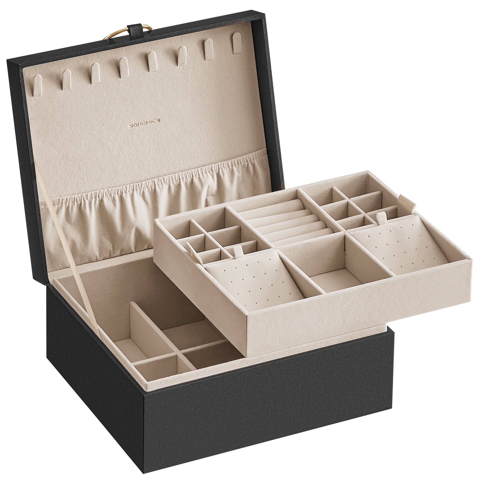 SONGMICS Schmuckkasten 2 Ebenen, Schmuckkasten mit Griff, flexibles Schmucktablett, Schmuckbox, Schmuckaufbewahrung, schwebender Effekt, 20,5 x 24 x 11 cm