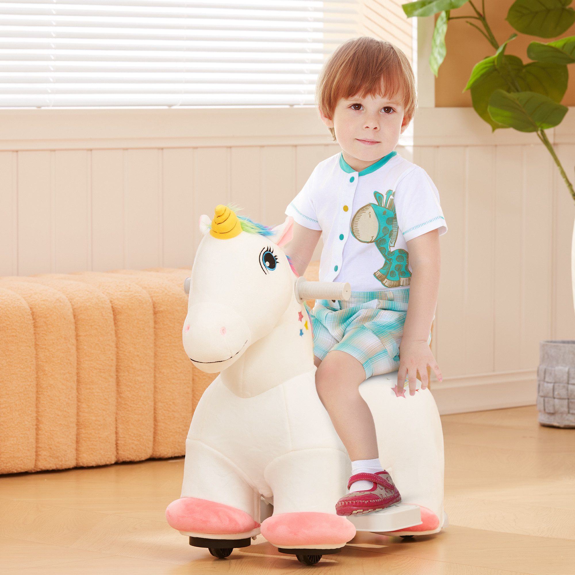 AIYAPLAY Reittier 6V, in Einhornform, 2 km/h, mit Musik, Fußpedal, für Kinder 1,5-3 Jahre, Weiß