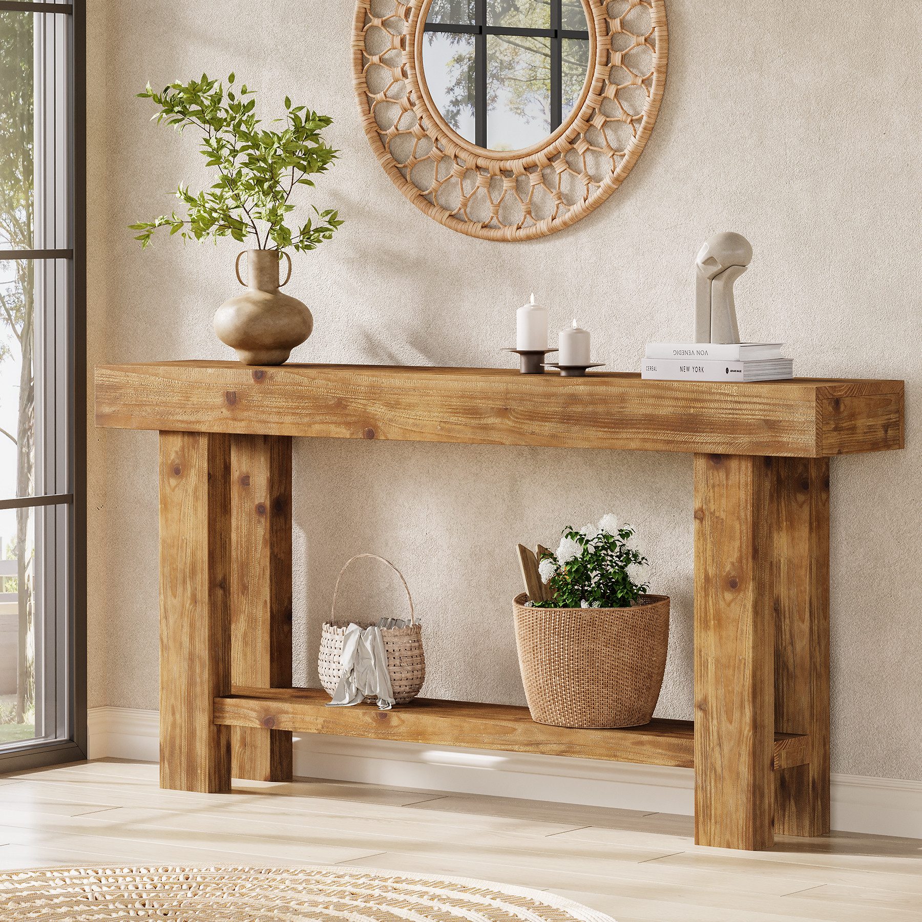 Tribesigns Bücherregal Massivholz Konsolentisch 160 cm, Schmaler Flurtisch mit Stauraum
