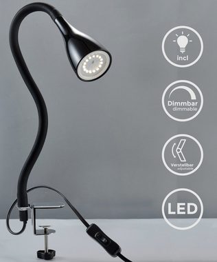 B.K.Licht Klemmleuchte BK_KL1079 LED Tischleuchte, Inkl. GU10 5W, Dimmbar, Schwarz, LED wechselbar, Warmweiß, 5 Watt, 400 Lumen, Flexibler Schwanenhals mit Silkonüberzug