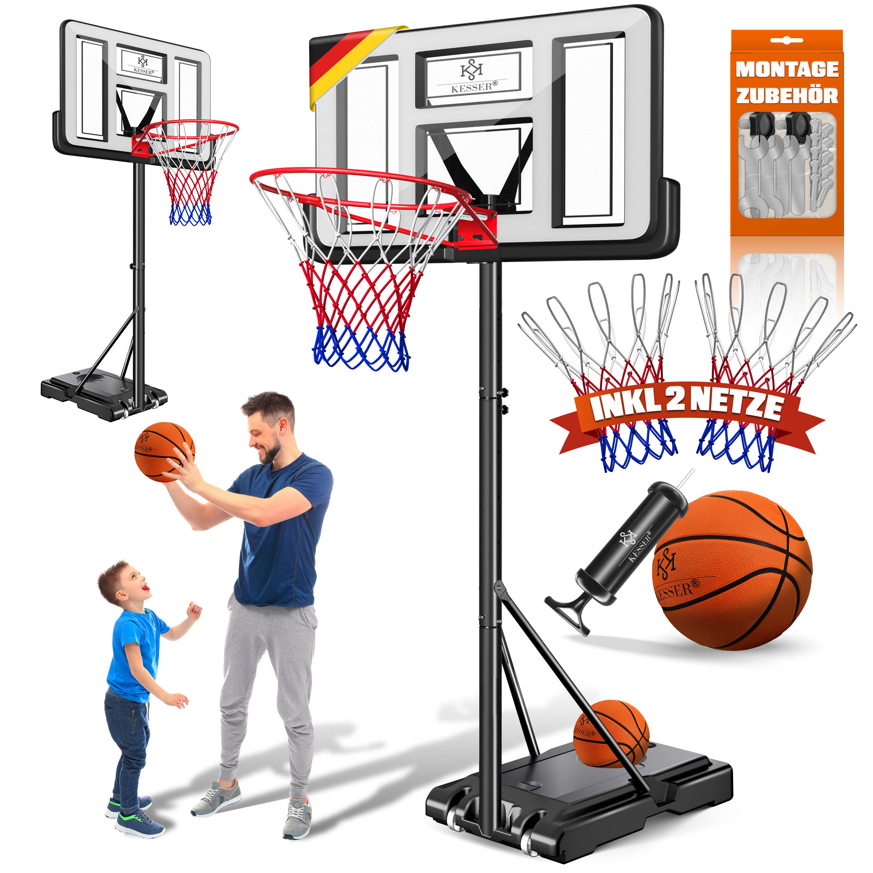 KESSER Basketballkorb 160-210cm Basketballständer Set mit Basketball, Pumpe & 2 Ersatznetzen, In- & Outdoor Basketballanlage mit Rollen für Kinder & Erwachsene