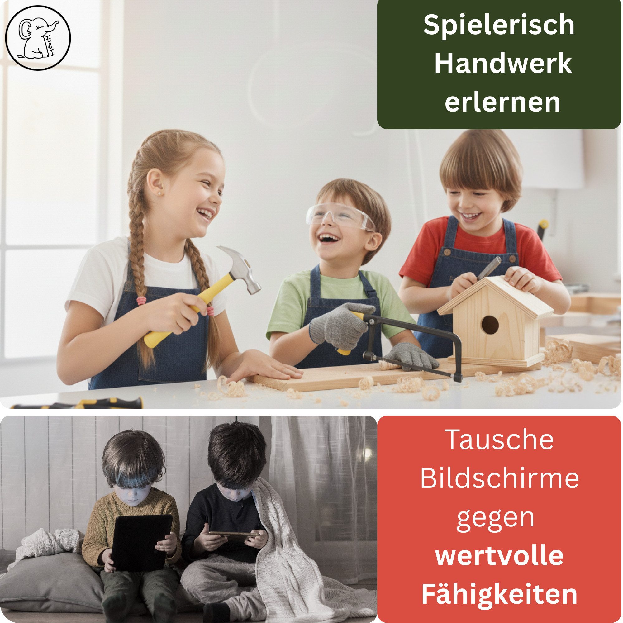 Eli Kinder-Hammer Echtes Werkzeug für Kinder mit ergonomisch rutschhemmenden Griff, (Metallhammer zum Heimwerken & Lernen, DIY Hammer für Jungen & Mädchen ab 4 Jahren), beidhändig - rutschfest