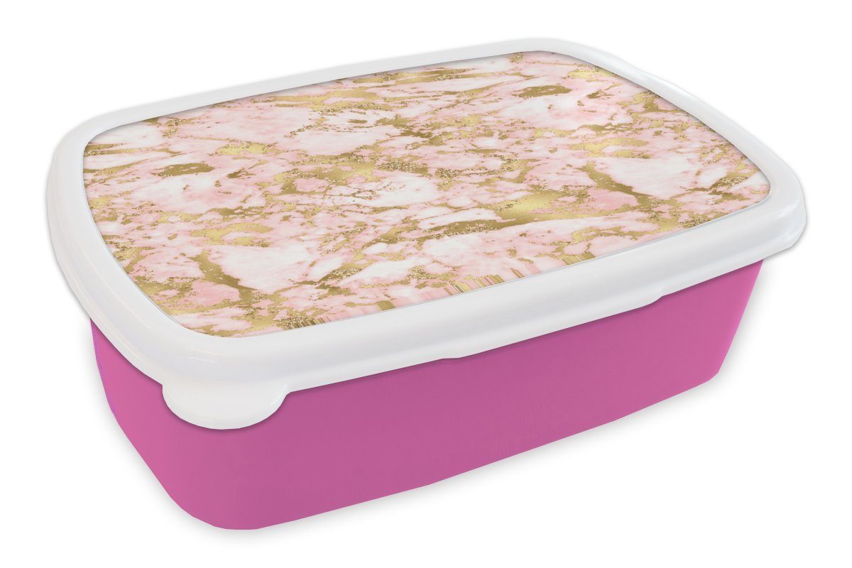 MuchoWow Lunchbox Marmor - Gold - Rosa - Muster, Kunststoff, (2-tlg), Brotbox für Erwachsene, Brotdose Kinder, Snackbox, Mädchen, Kunststoff