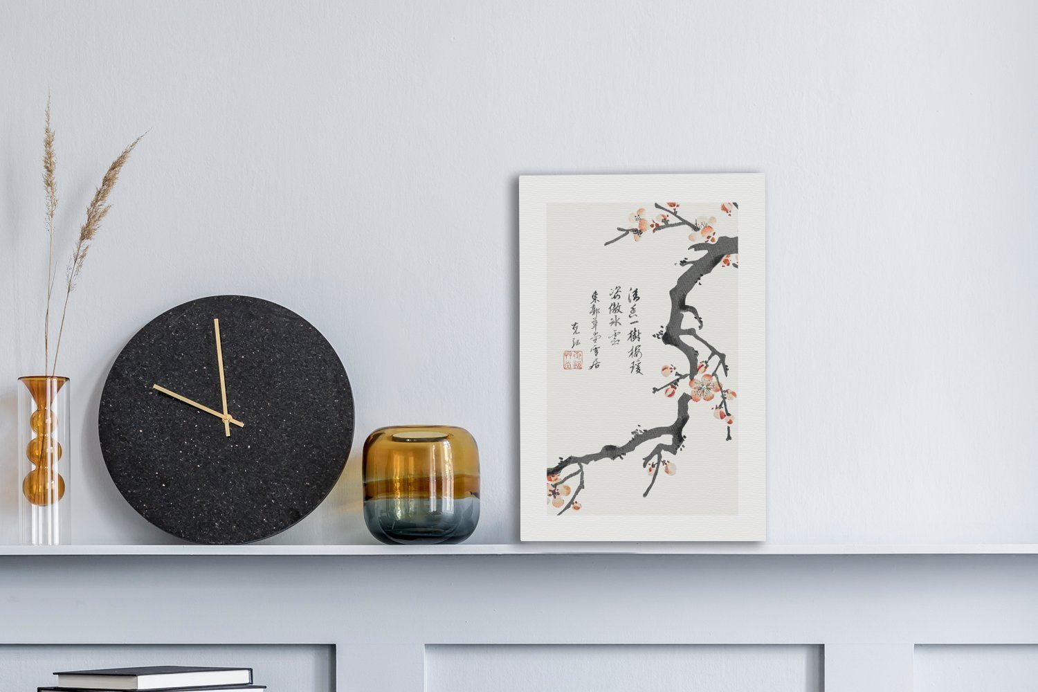 Leinwandbild bespannt Jahrgang, inkl. Japan Gemälde, Leinwandbild Blumen cm 20x30 Sakura - Zackenaufhänger, - fertig - St), (1 OneMillionCanvasses®