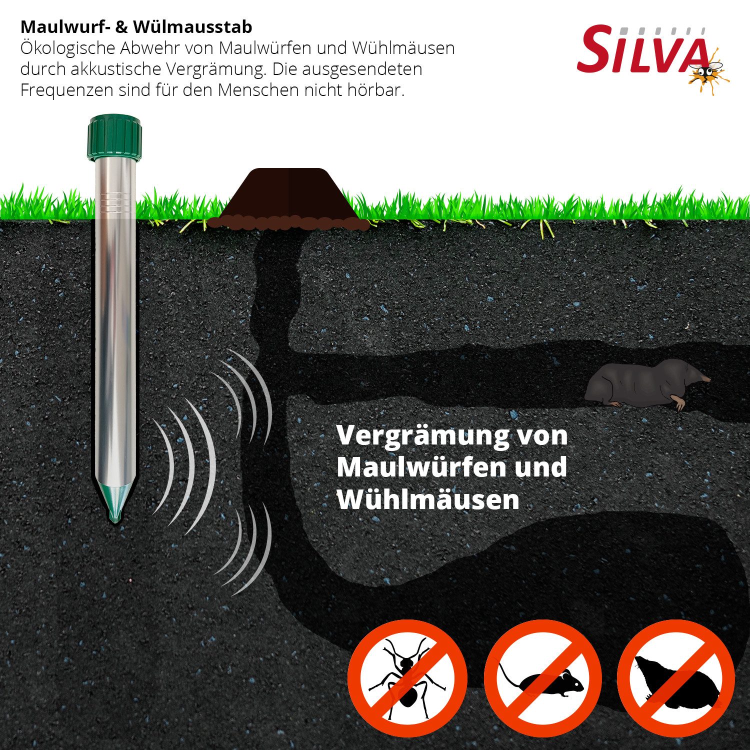 Silva Haus & Garten Ultraschall-Tierabwehr Maulwurf Vertreiber und Wühlmausschreck - Effektive Maulwurfabwehr, Packung 2-tlg. – Bild 4 von 5