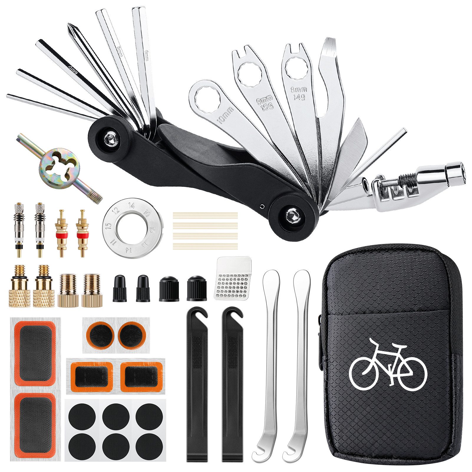EXTSUD Fahrrad-Reparaturset Fahrradflickzeug Set für unterwegs, 17 in 1 Fahrradwerkzeugset, 37-St., Fahrrad Reparaturset Multitool Satteltasche