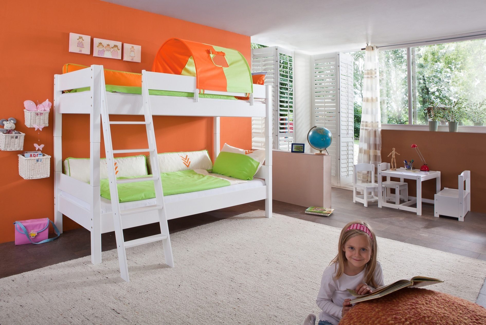 u. grün/orange Leiter lackiert Relita Stefan, weiß Textil-Set, inkl. | mit Rolllattenrost, Etagenbett Buche Buche Absturzschutz,