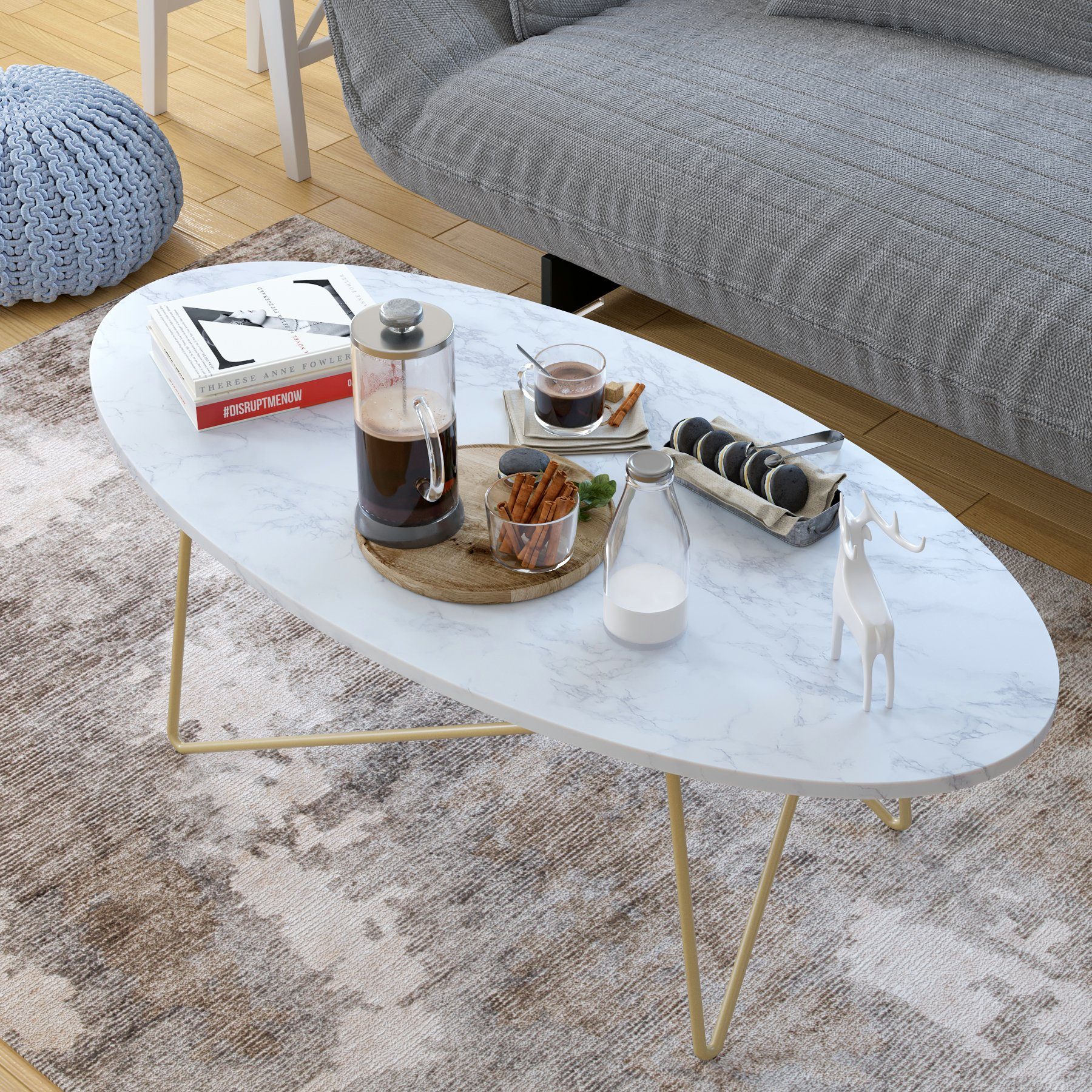 Homfa Couchtisch, Oval Marmor Beistelltisch Wohnzimmertisch aus Holz und  Metall 120x60x41 cm online kaufen | OTTO
