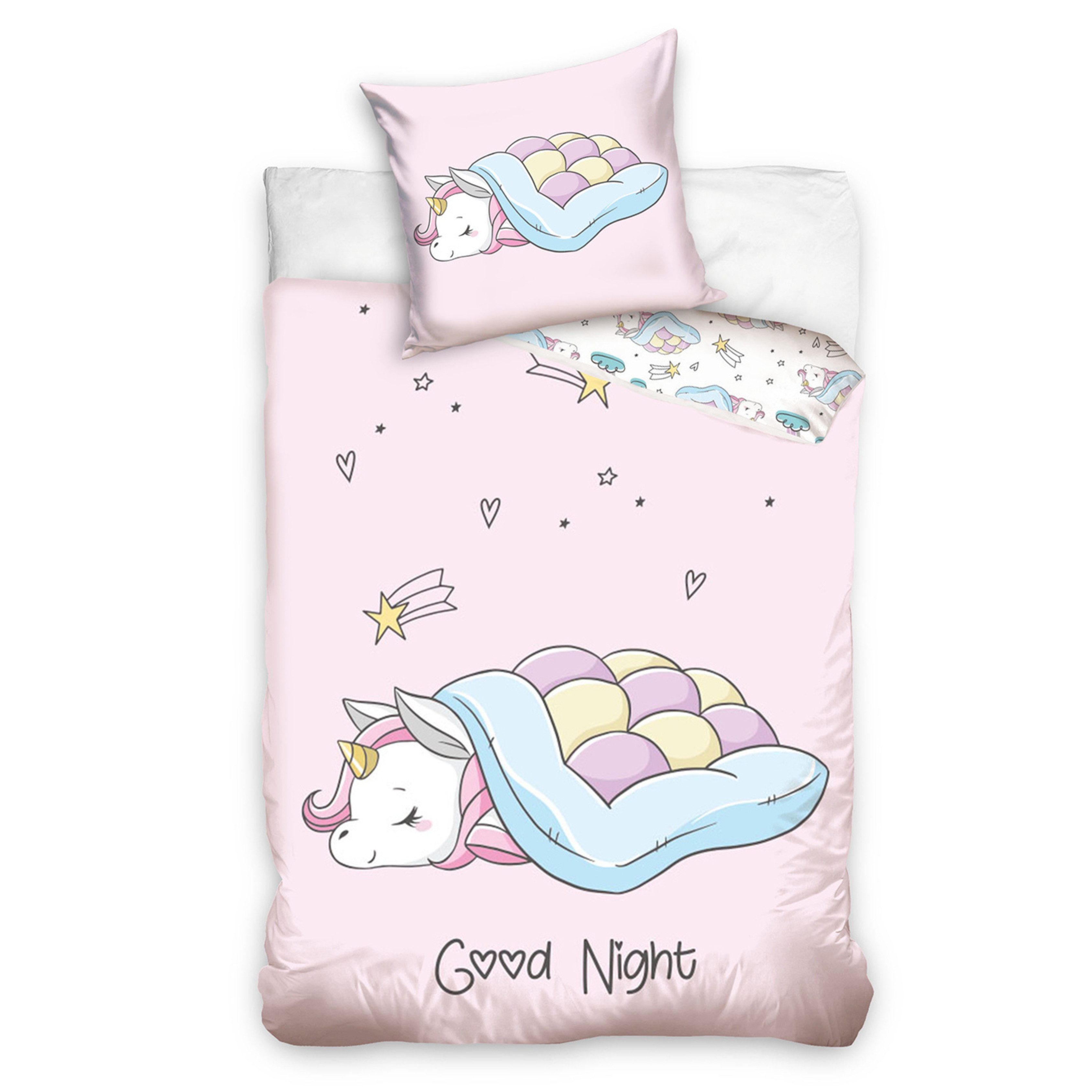 MTOnlinehandel Kinderbettwäsche Einhorn 135x200 + 80x80 cm, 100 % Baumwolle, Renforcé, 2 teilig, hautfreundlich mit Reißverschluss, Mädchen-Bettwäsche, Teenager
