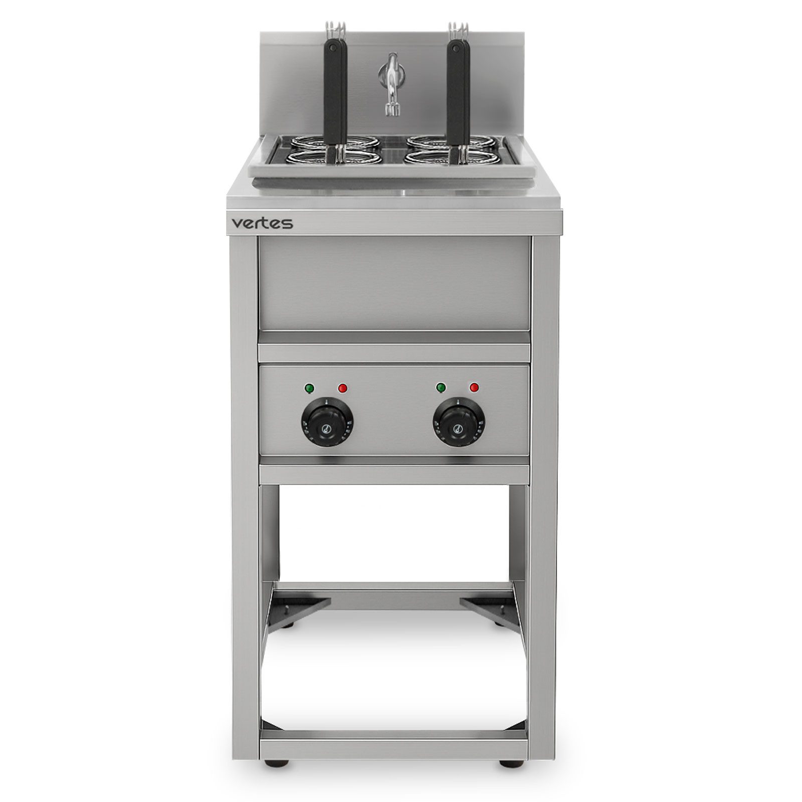 vertes Spaghettitopf Gastro Nudelkocher mit Stand Pastakocher aus Edelstahl, Elektrisch, 2x 1700 Watt, 2 separate Kochbecken zu je 8 Liter