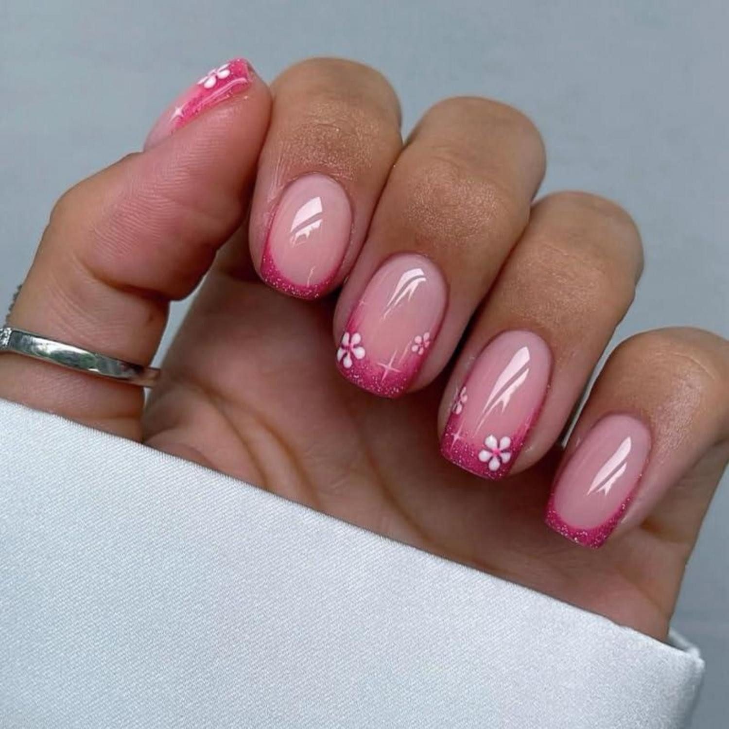 LuxusKollektion Kunstfingernägel Künstliche Nägel Rosa Blumenmuster Kurz Quadratisch French-Tip