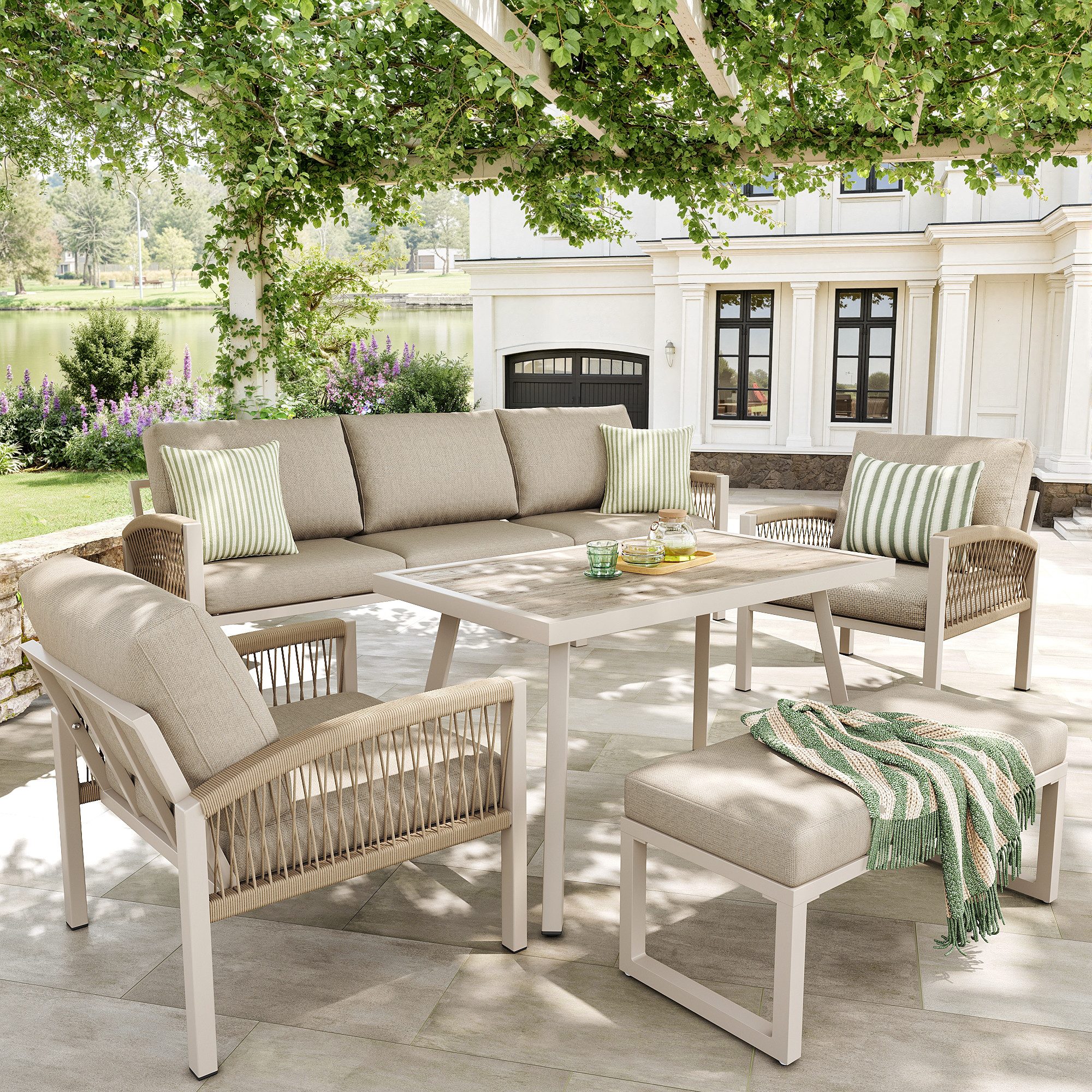 i@home Gartenlounge-Set, (5-tlg), für 7 Personen, mit 1 Tisch, 1 Sofa, 1 Bank & 2 Sesseln, Wetterfeste