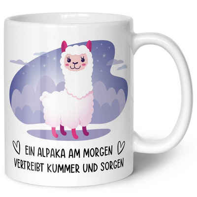 GRAVURZEILE Tasse bedruckt mit Spruch - Alpaka am Morgen - Lustige Geschenke, Keramik, - Farbe: Weiß