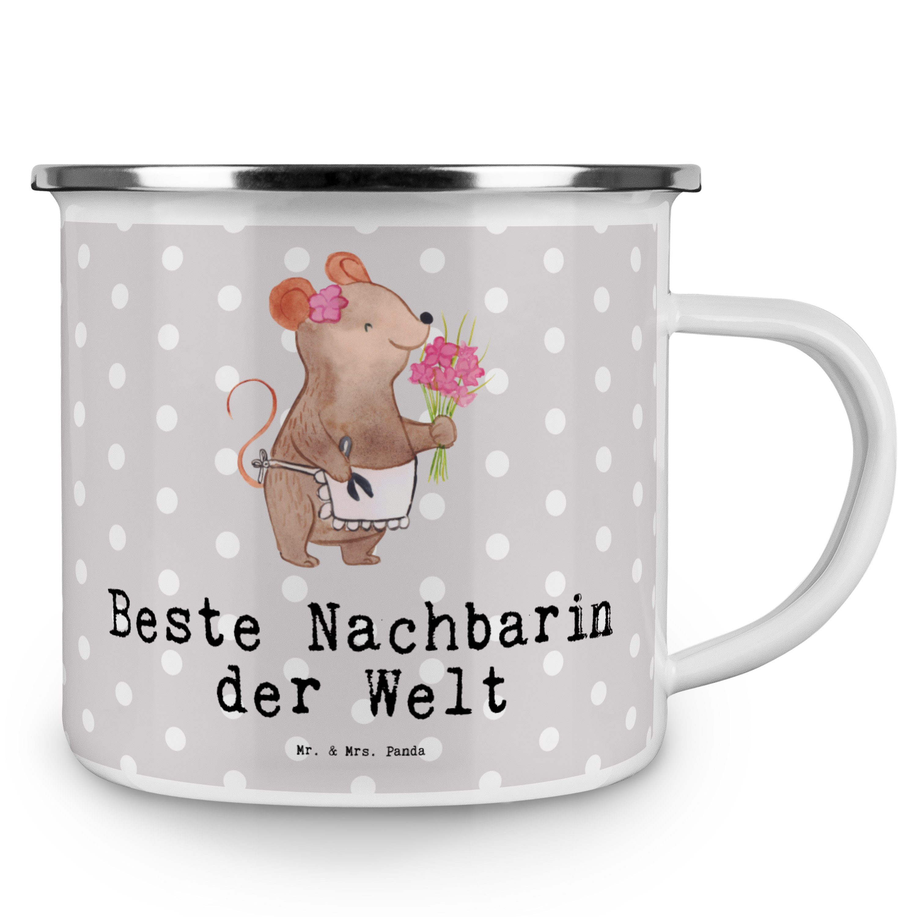 Emaille Becher Mr. - Pastell Mitbringsel, Geschenk, Panda der - Mrs. & Welt Beste Nachbarin Grau Maus