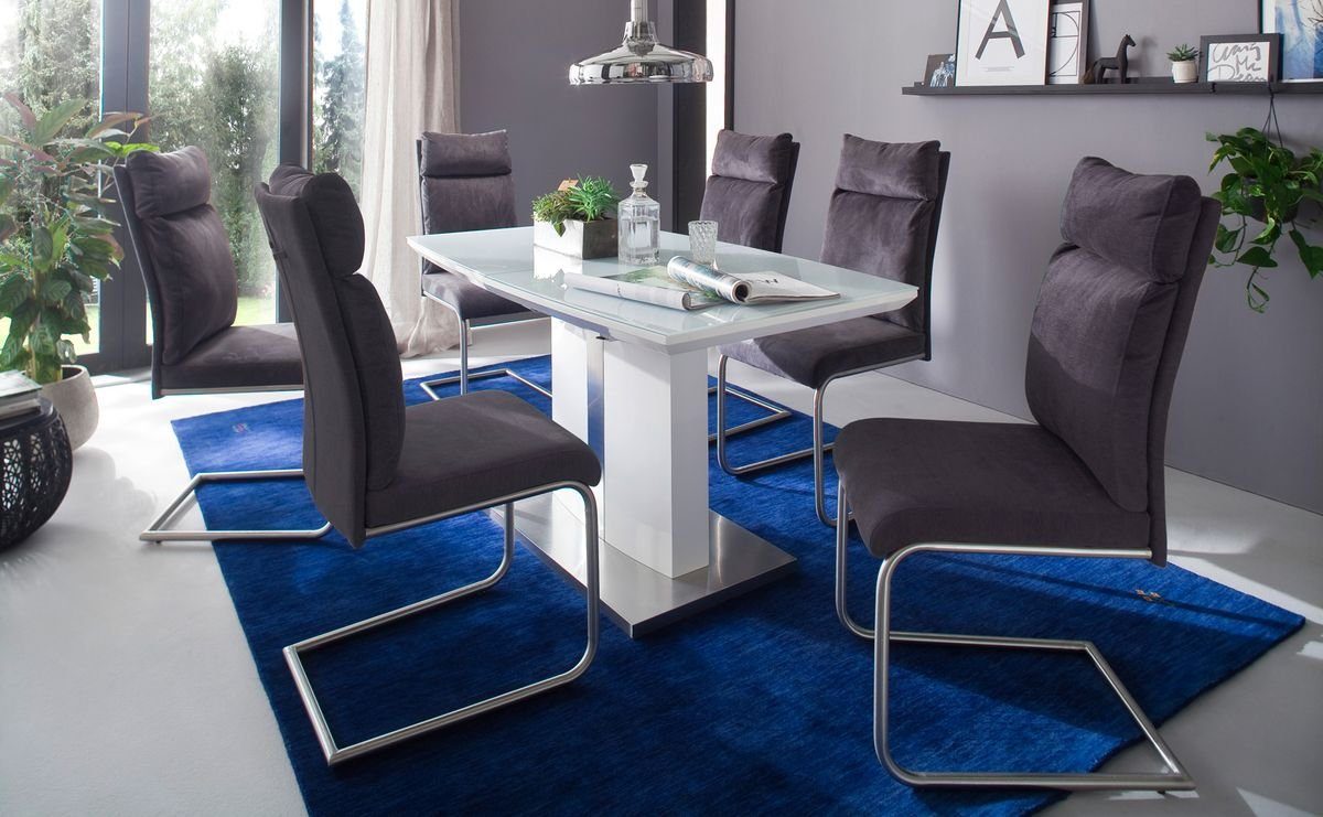 expendio Essgruppe Norman, (komplette Tischgruppe, Spar-Set, 5-tlg), weiß Hochglanz 140(180)x76x90 cm mit Sicherheitsglas + 4x Stühle