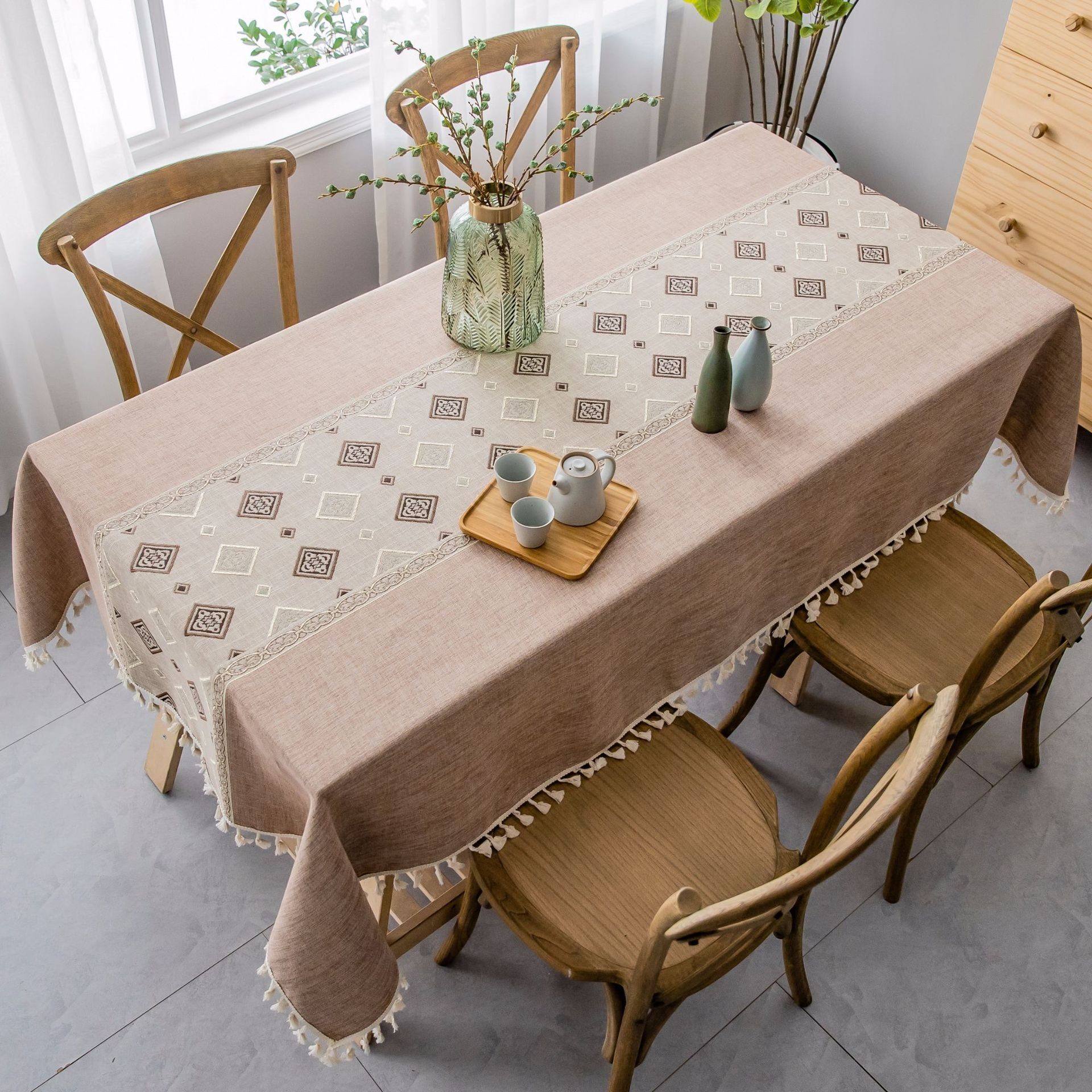 SCOHOME Tischdecke rechteckig Baumwolle Leinen bestickt Tischdecken (Baumwollleinen 1-tlg, braun), für Küche Restaurant 140*140cm