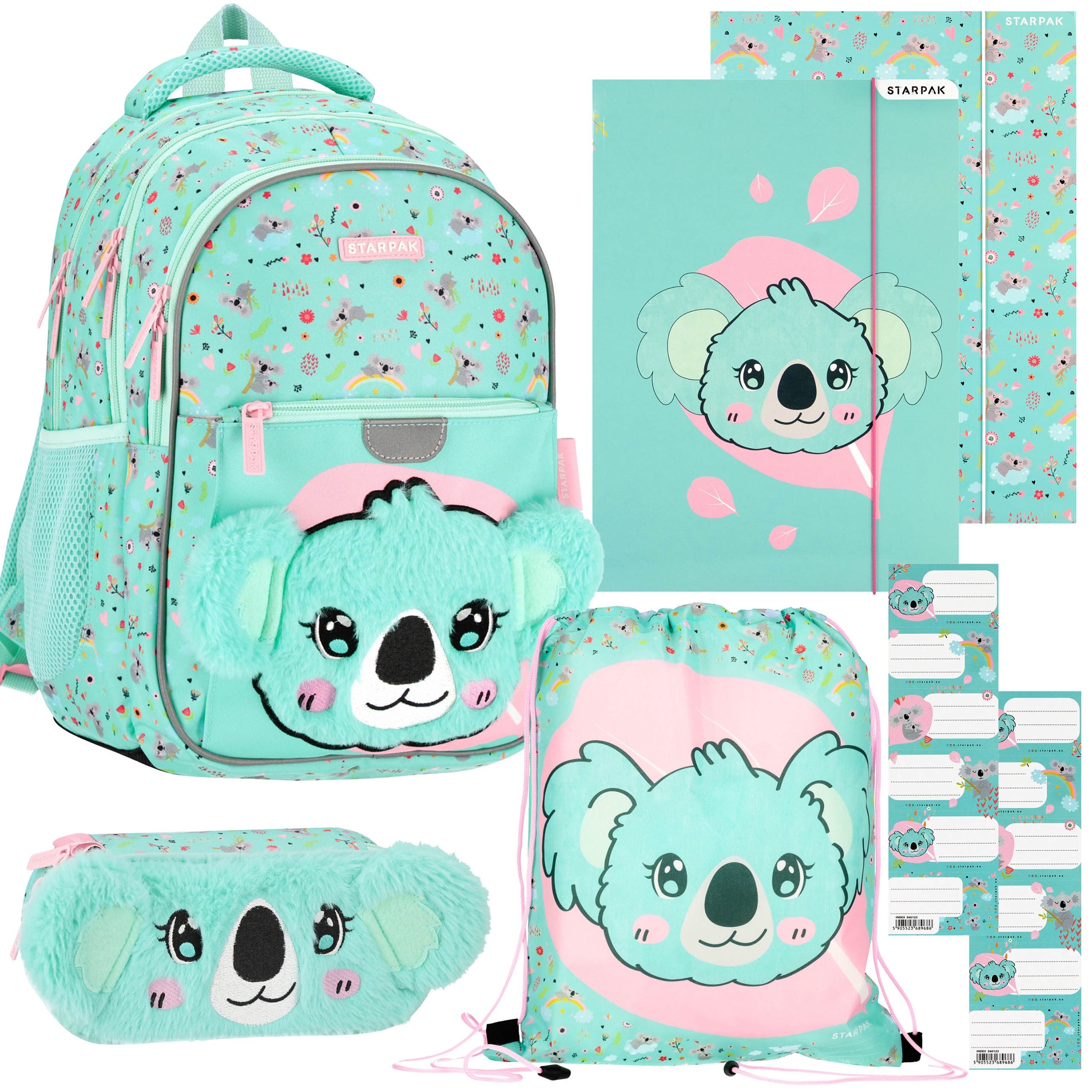 Sarcia.eu Schulrucksack KOALA Schulset für Mädchen: Rucksack, Mäppchen, Turnbeutel, Mappen