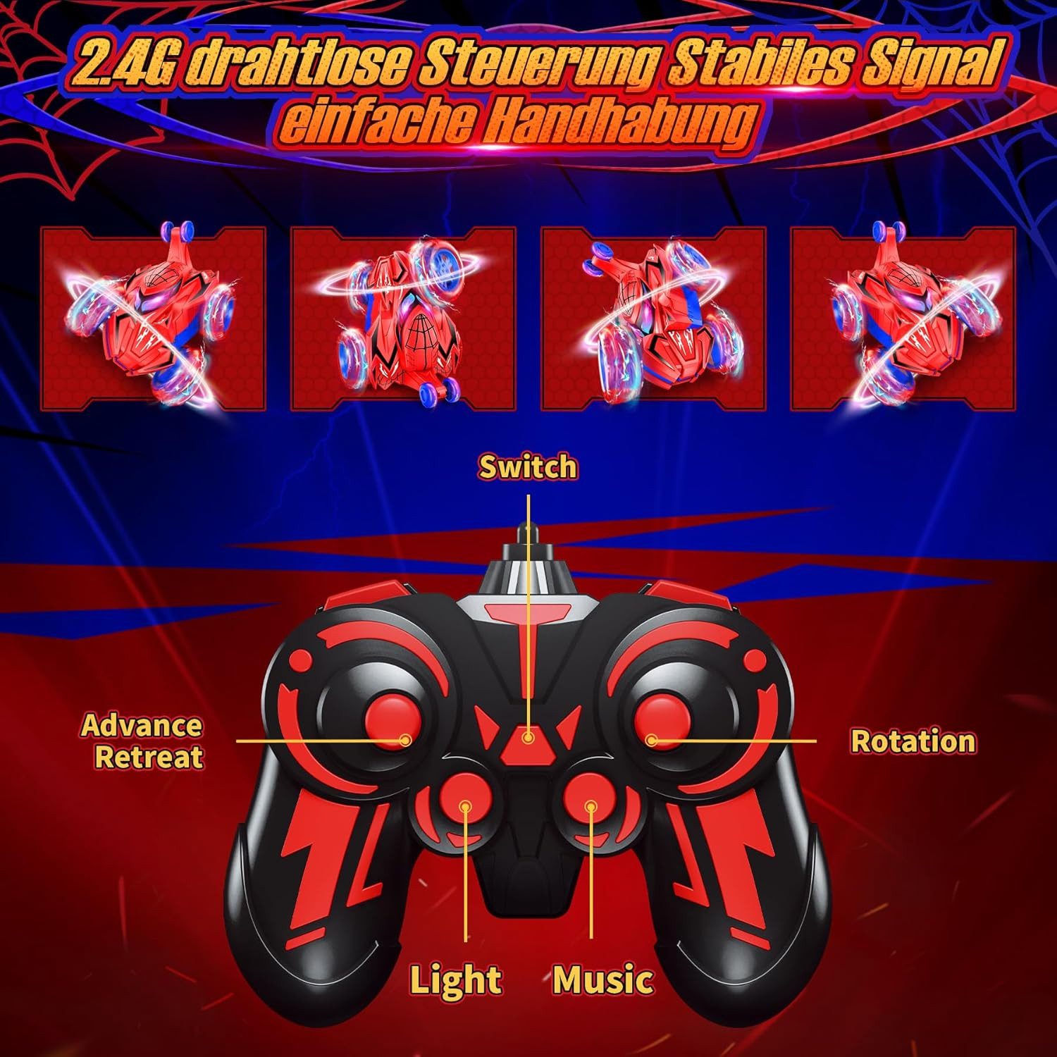 POPOLIC RC Car Remote Controlled Car RC Car Spider Toy for Boys 3+ Years (1-piece, Indoor/Outdoor Toy, Children's Christmas Gifts), Spider Car Remote Control Stunt Car