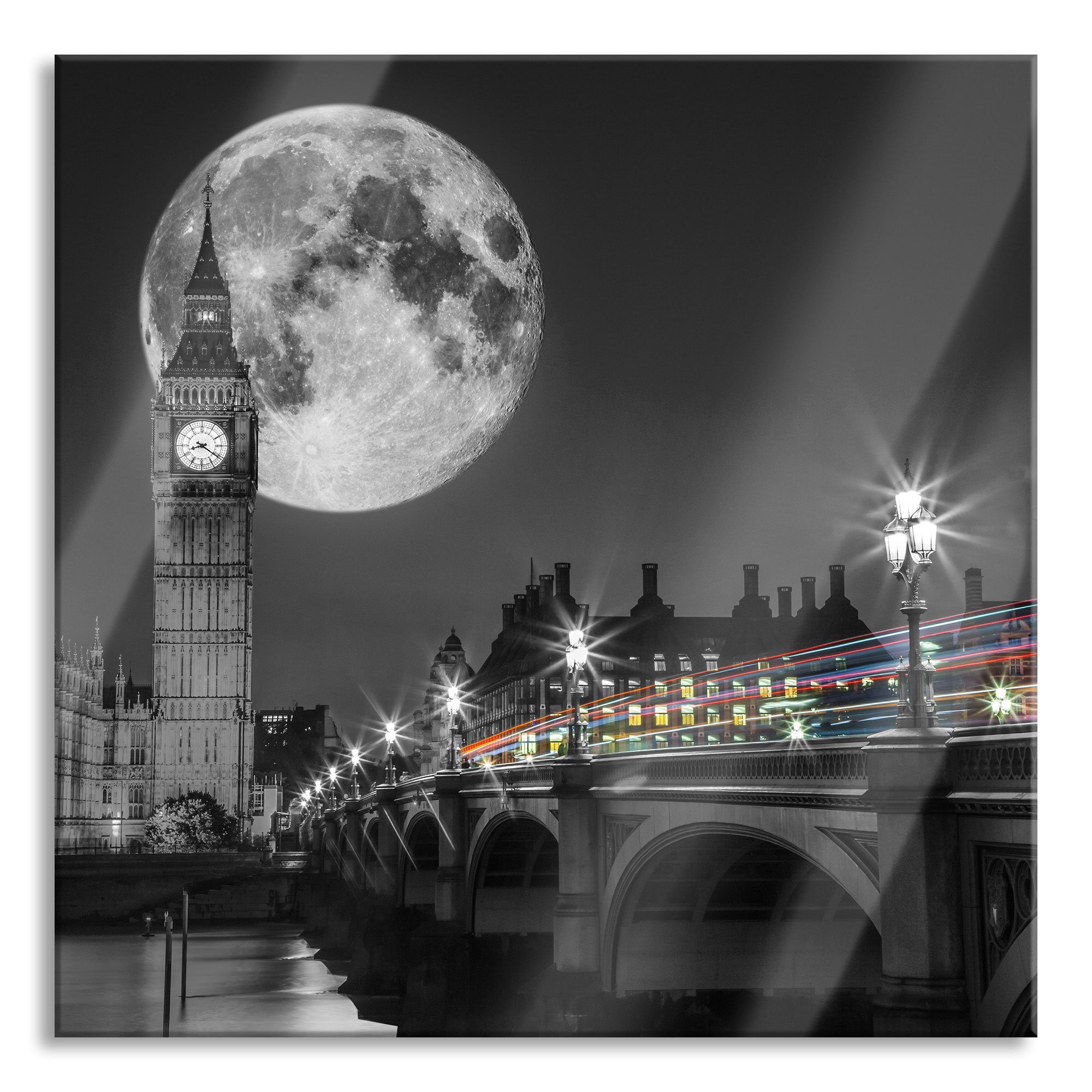 Pixxprint Glasbild Big Ben mit Mond London, Big Ben mit Mond London (1 St), Glasbild aus Echtglas, inkl. Aufhängungen und Abstandshalter
