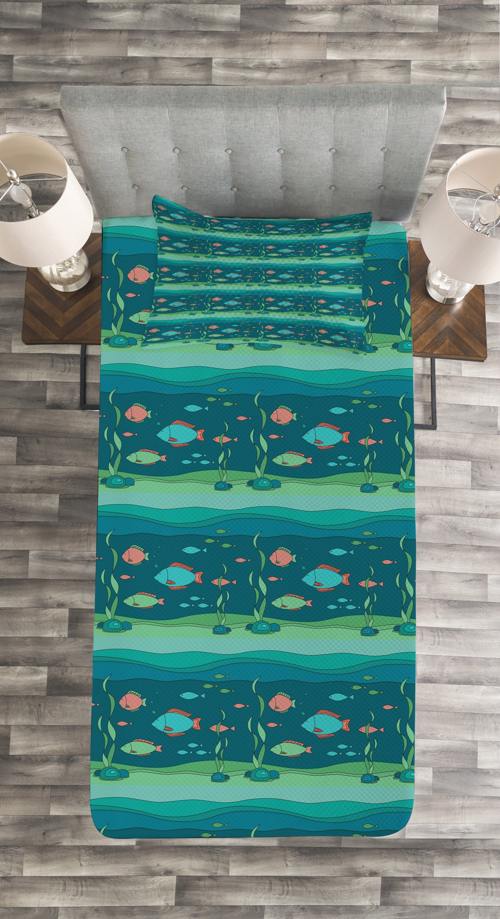 Tagesdecke Set mit Ozean Fisch Cartoon Kissenbezügen Waschbar, Zusammensetzung Abakuhaus
