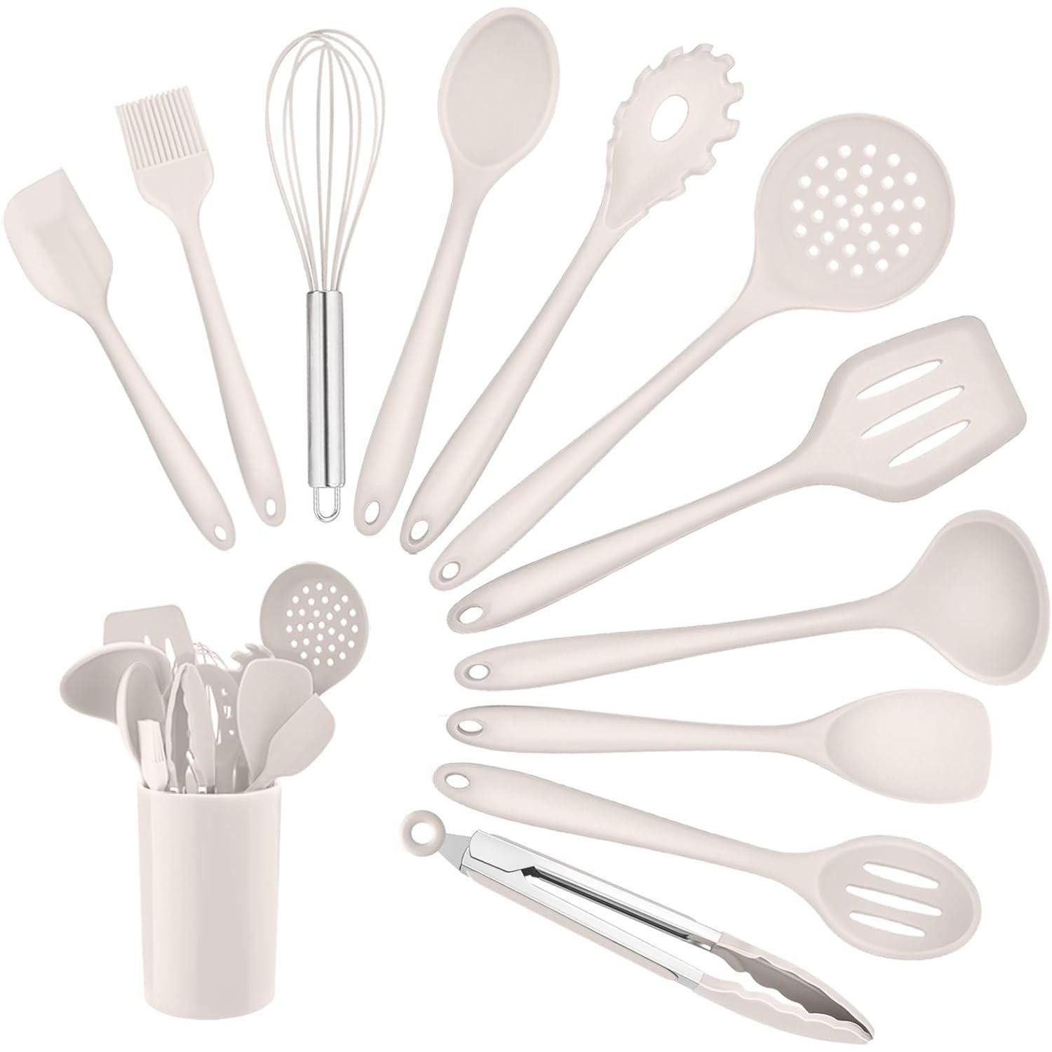 Kochbesteck-Set Küchenhelfer Set 12 Silikon Kochbesteck Utensilienhalter Khaki