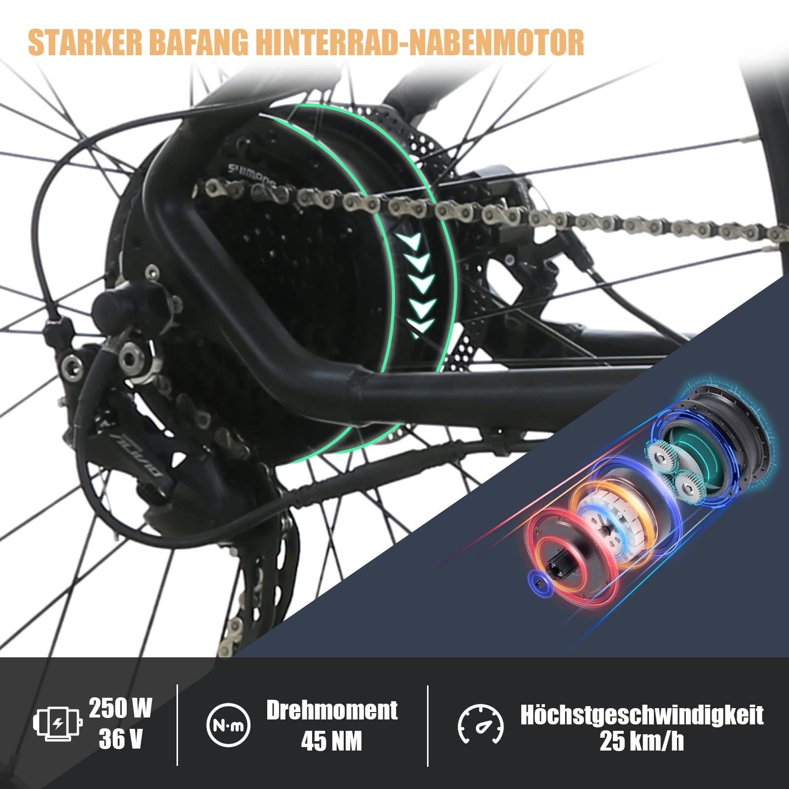 Nettlife E-Bike Mountainbike Elektrofahrrad herren 9 Gang Shimano Kettenschaltung E-Mountainbike, 9 Gang, Kettenschaltung, 250W Hinterradmotor, 36V/13Ah Akku, LCD-Multifunktionsanzeige 25 km/h Reichweite 50-90 km