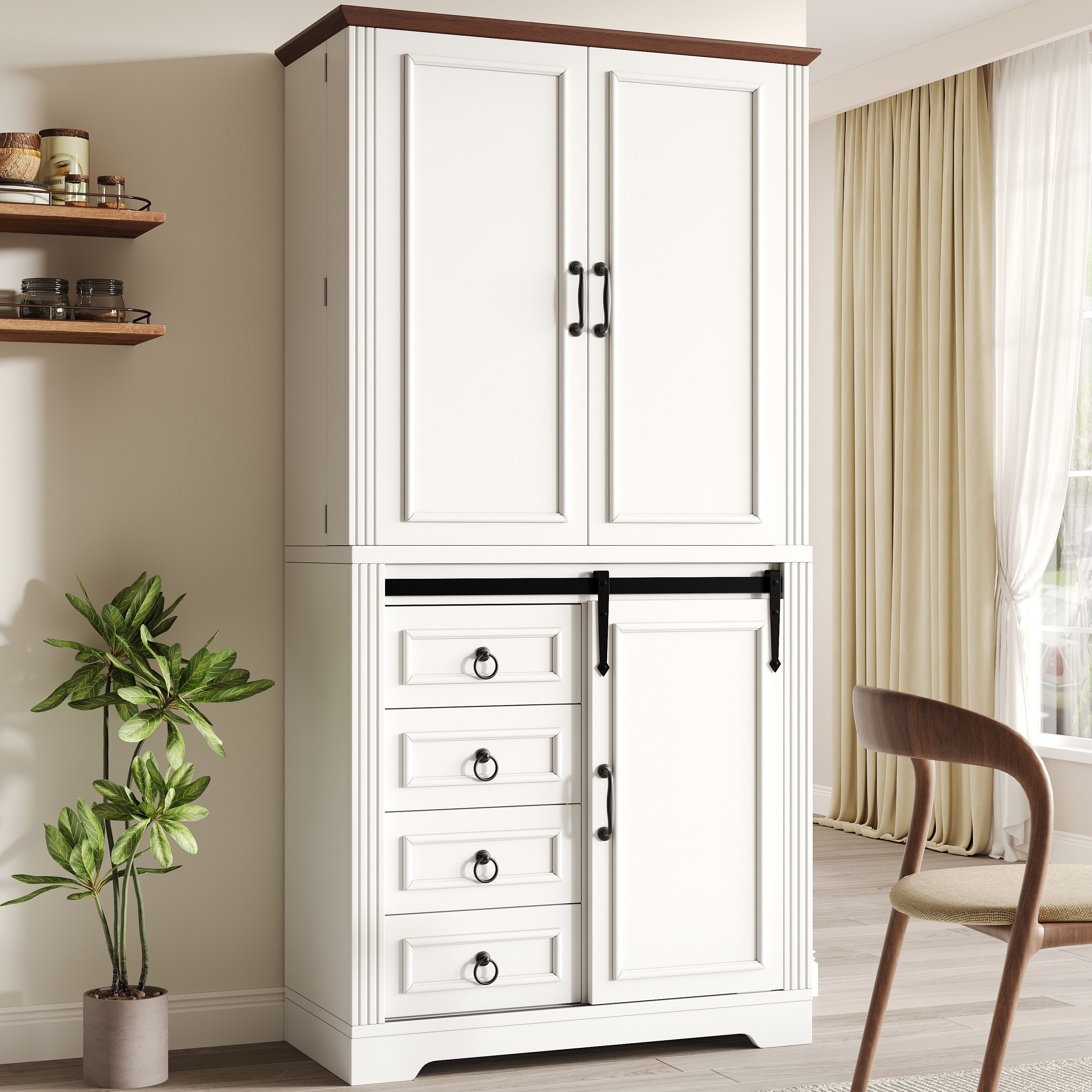 Odikalo Hochschrank Sideboard Küchenbuffet mit Regalen und Schubladen (mit Kippschutz und seitlichem Snack-Rack Soft-Close Standschrank für Küche mit 4 Schubladen und verstellbaren Böden Schrank mit einzigartigem Griff)