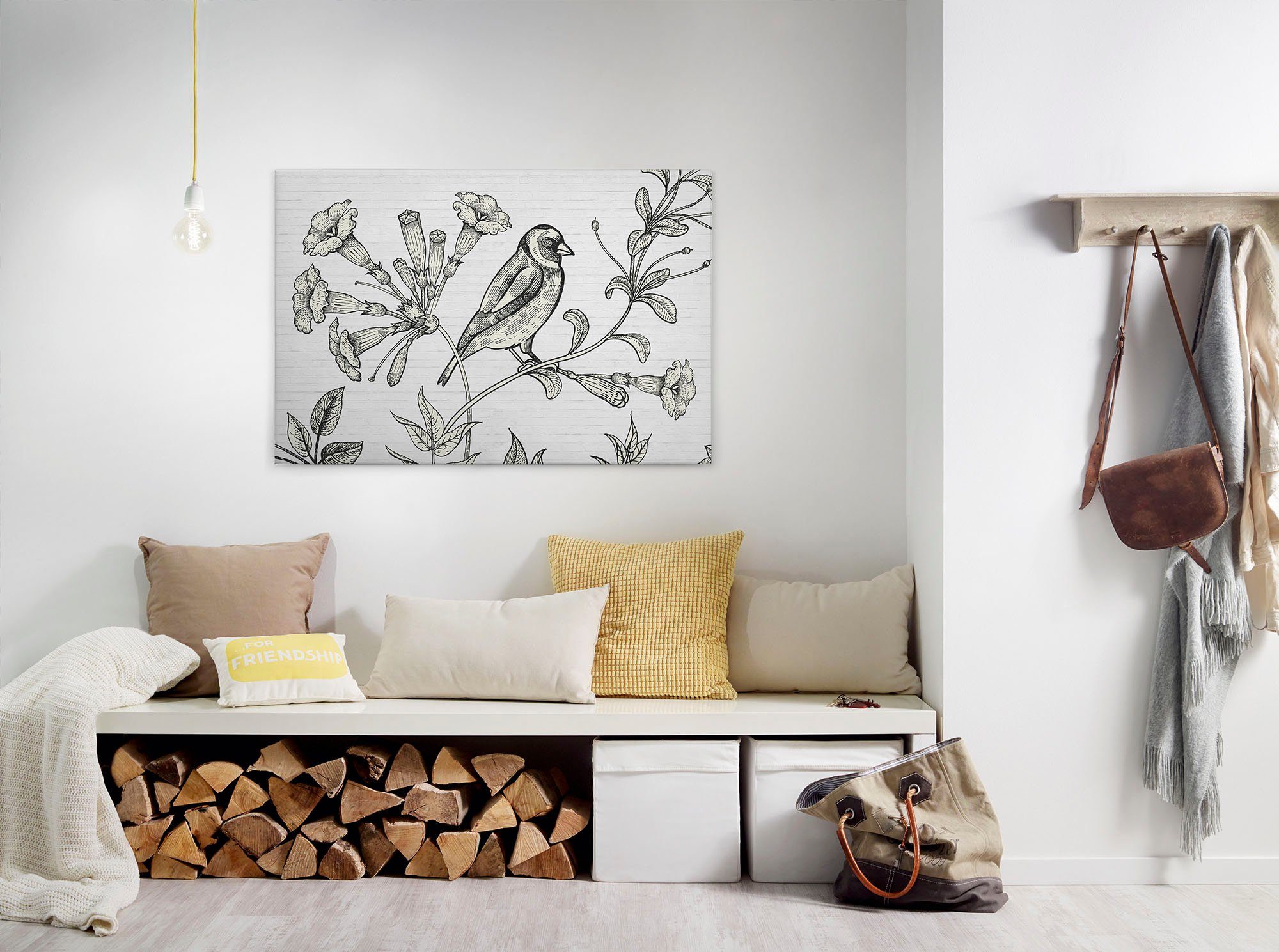 A.S. Création Leinwandbild birdy, Gemälde, Kinder, Kunst (1 St), Schwarz-Weiß Zeichnung Floral Keilrahmen Leinwand-Bild Wohnzimmer Wand