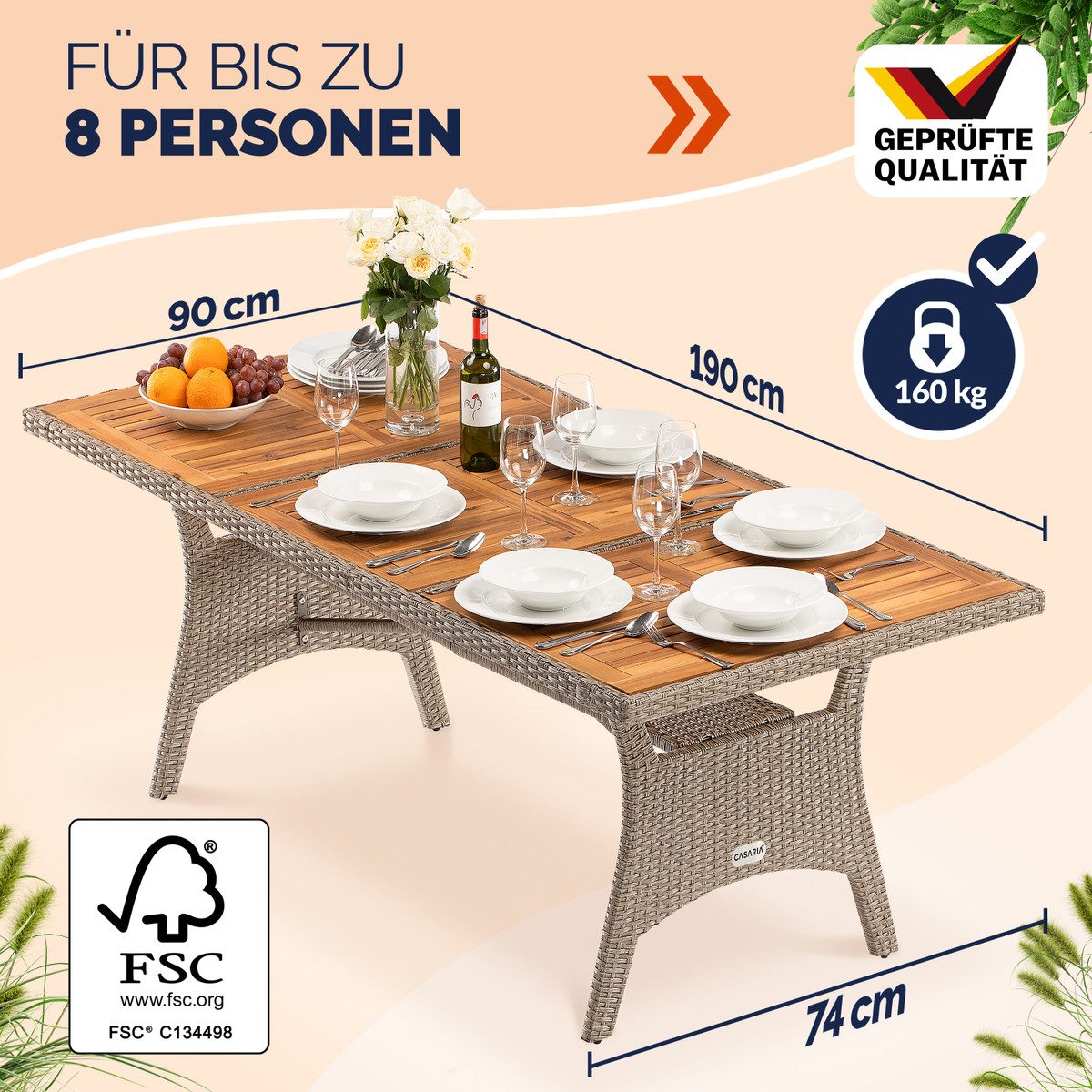 Casaria Gartentisch (1-St), Polyrattan mit Ablage FSC®- zertifiziertes Akazienholz 190x90cm