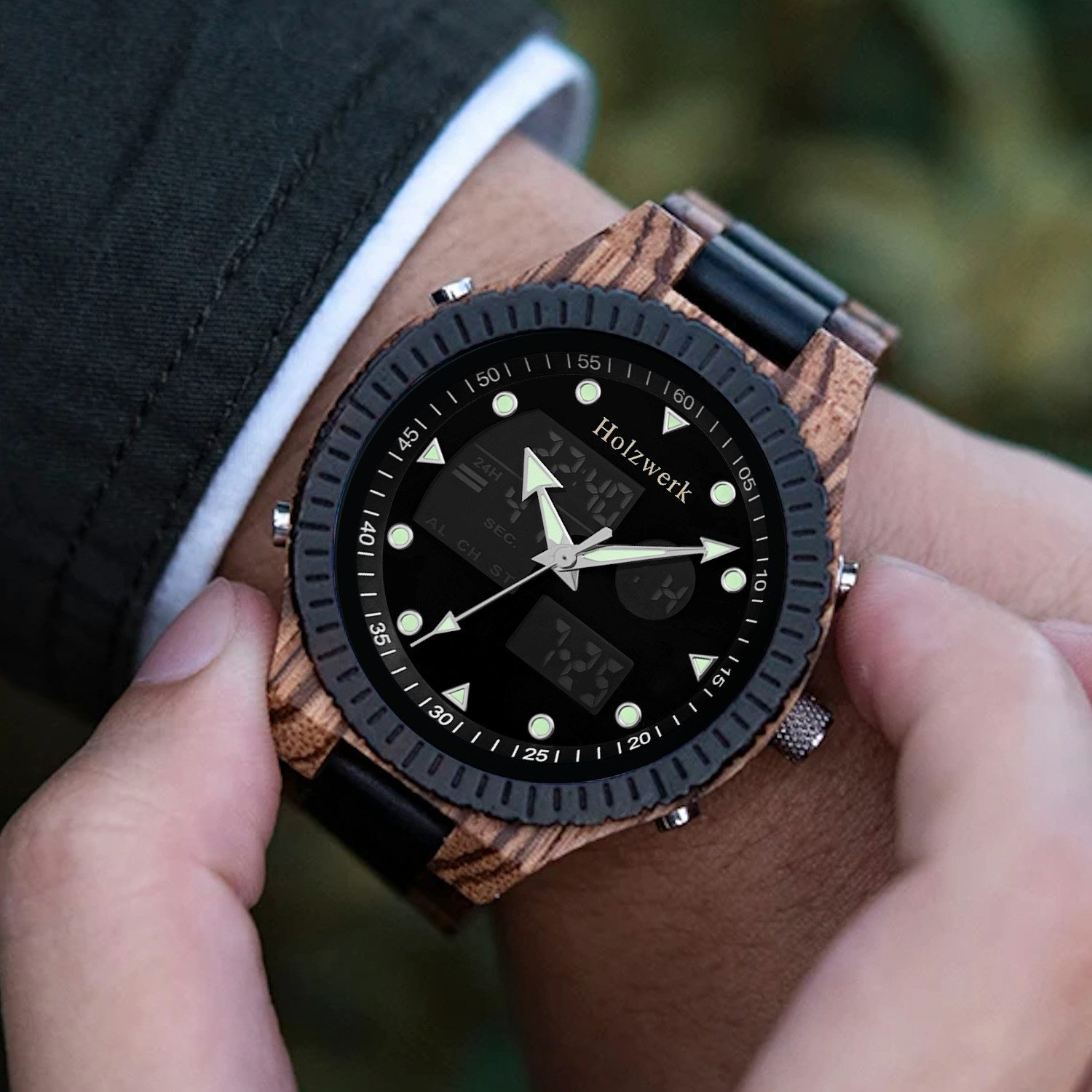Holzwerk Digitaluhr HALLSTADT Holz Armband Uhr mit Datum, schwarz, braun HALLSTADT