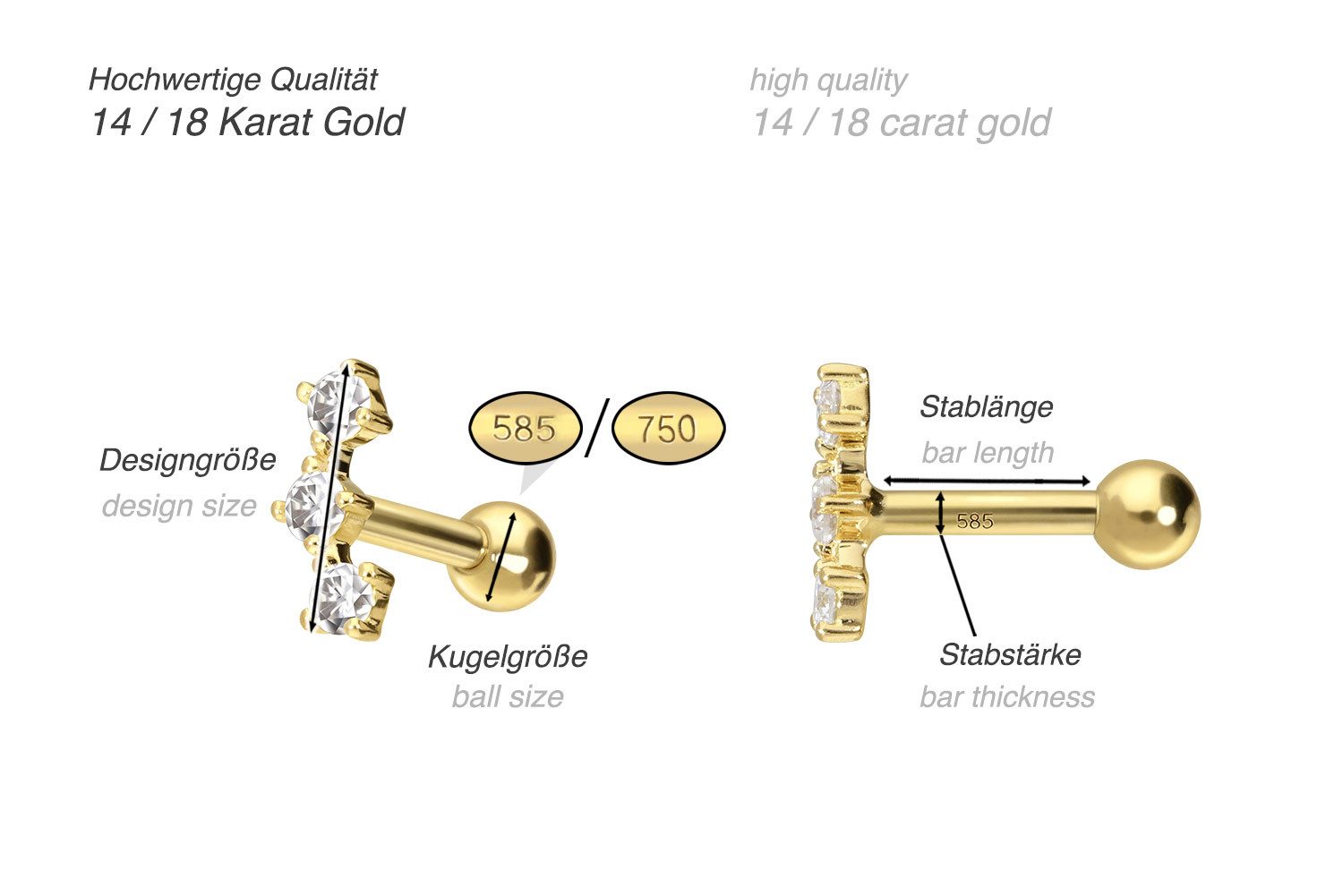 PIERCINGLINE Piercing-Set 14/18 Karat Gold Ohrpiercing 3 MOISSANITE (Mini-Barbells, 1-tlg)