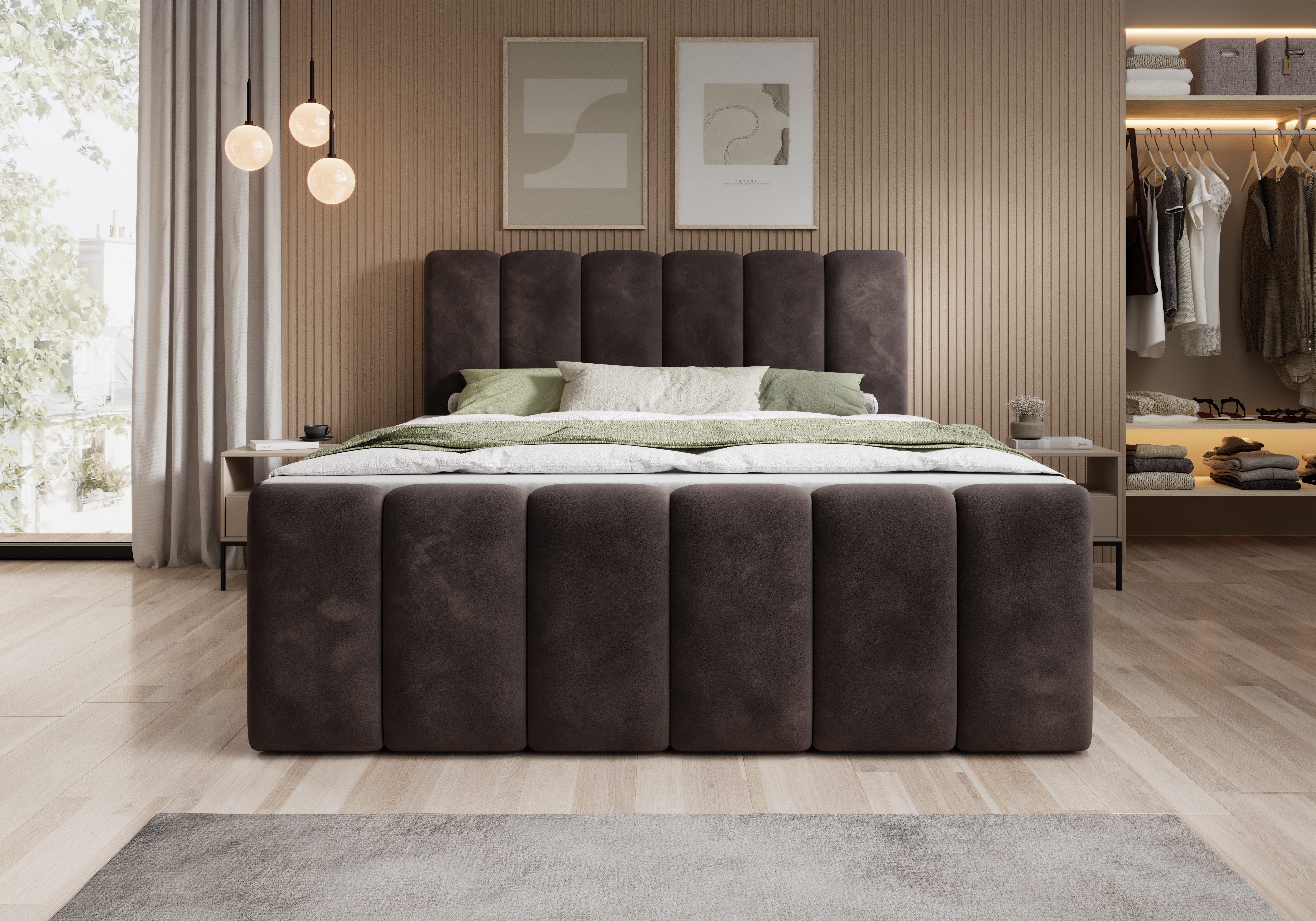 thematys Boxbett mit Bettkasten 140x200–200x200 cm – Velours oder Bouclé Bezug – (Polsterbett Bonnellfederkern Matratze H3 + Gratis 3cm Topper, Boxbett - Luxus  – Bild 2 von 5