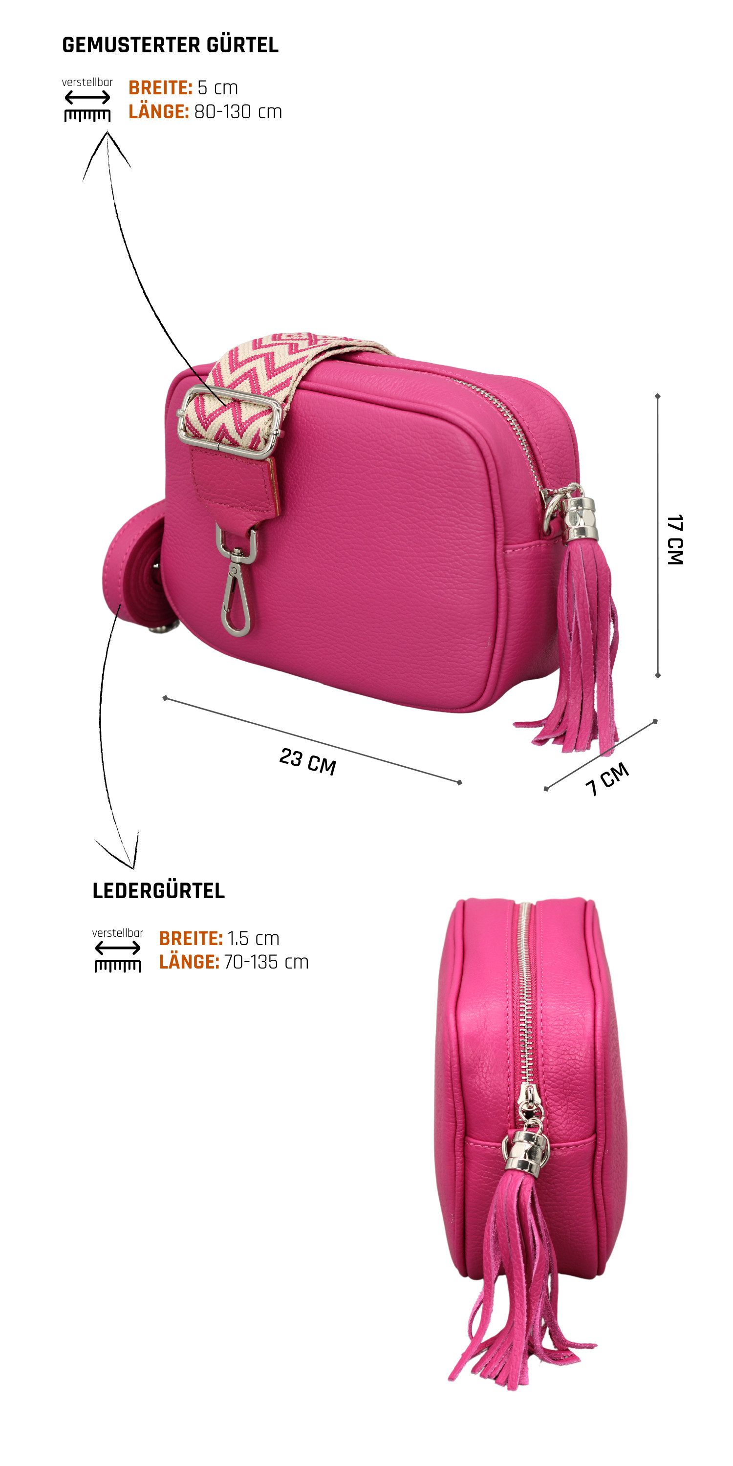 Adel Bags Schultertasche QUASTE Umhängetasche für Damen, Schultertasche, Crossbody Bag, aus echtem Leder, Hergestellt in Italien, mit gemustertem Gürtel