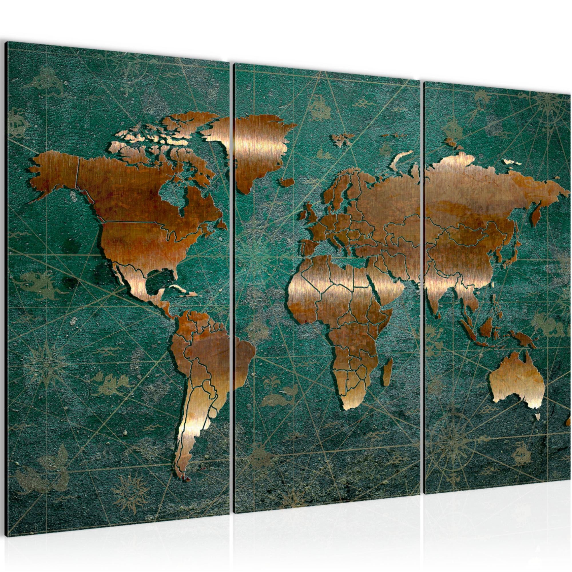 Runa Art Wandbild Weltkarte Bild XXL Büro Grün Braun Antik 120 x 80 cm 3 Teilig 109031b, 40 x 80 cm - 3 Bilder