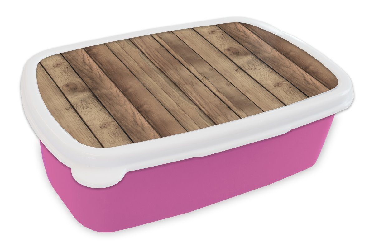 MuchoWow Lunchbox Holz - Brocante - Muster, Kunststoff, (2-tlg), Brotbox für Erwachsene, Brotdose Kinder, Snackbox, Mädchen, Kunststoff rosa