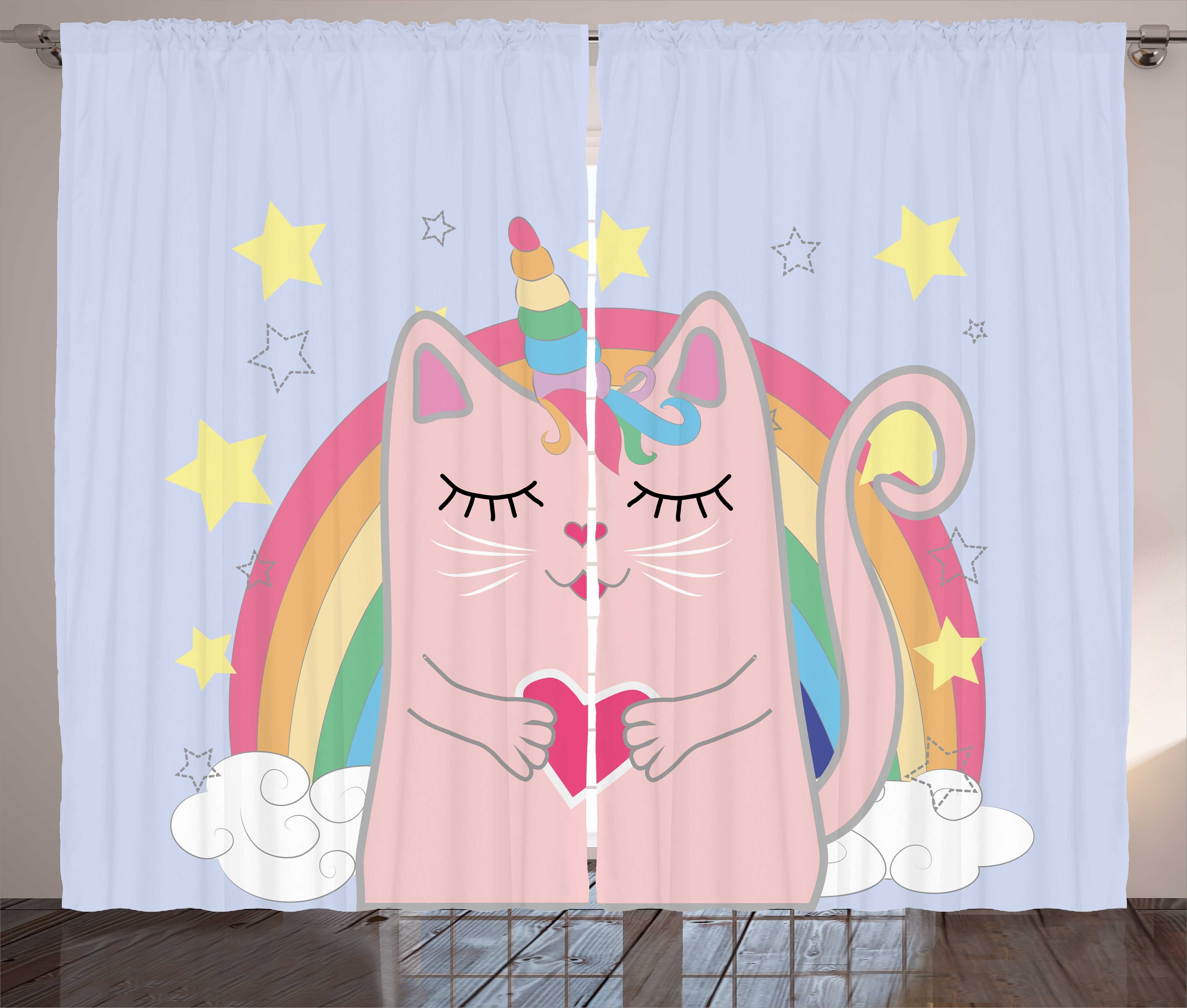Gardine Schlafzimmer Kräuselband Vorhang mit Schlaufen und Haken, Abakuhaus, Regenbogen Katzen-Herz-Kätzchen-Kunst