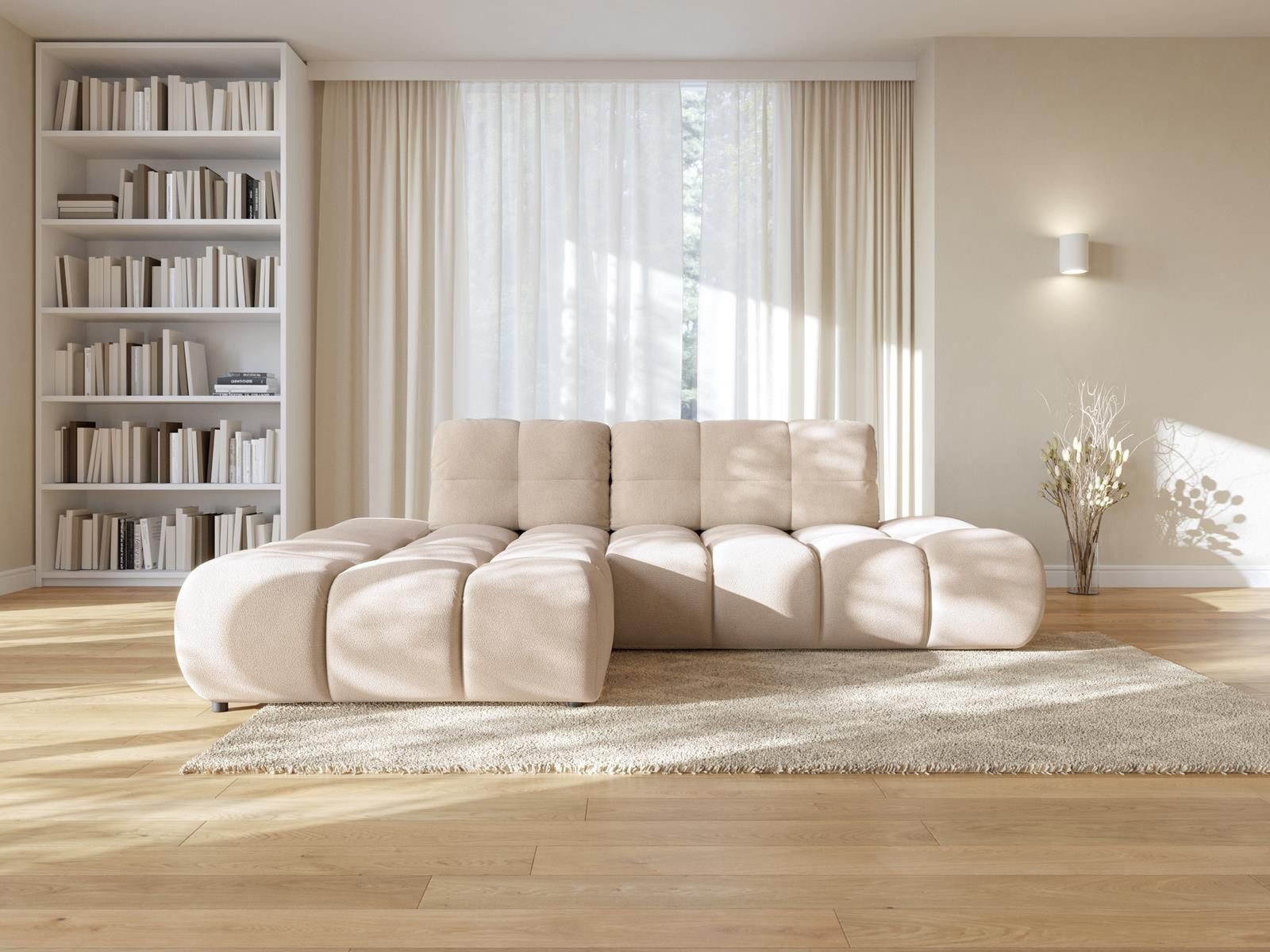 Compleo Ecksofa bubble 292 cm breit, Boucle-Stoff, Designersofa, mit Schlaffunktion und Bettkasten